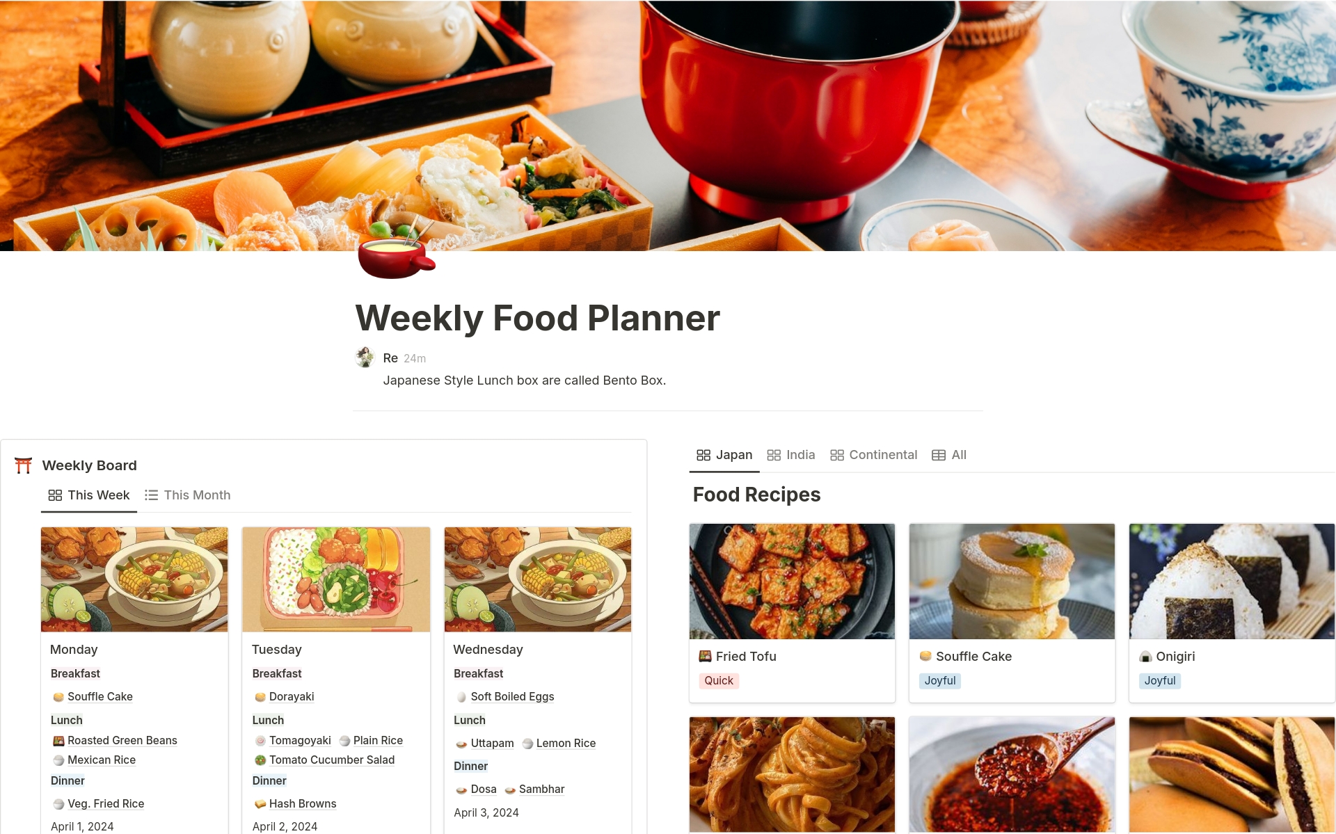 Weekly Food Planner | Weekly Bento Planner | Kitchen Management