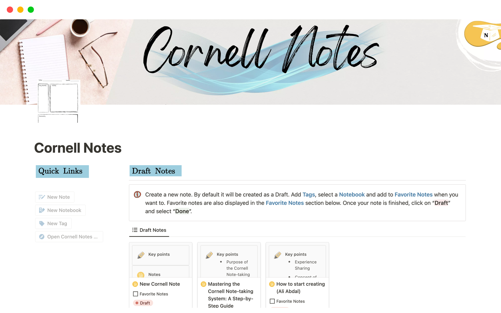 Vista previa de una plantilla para Cornell Notes