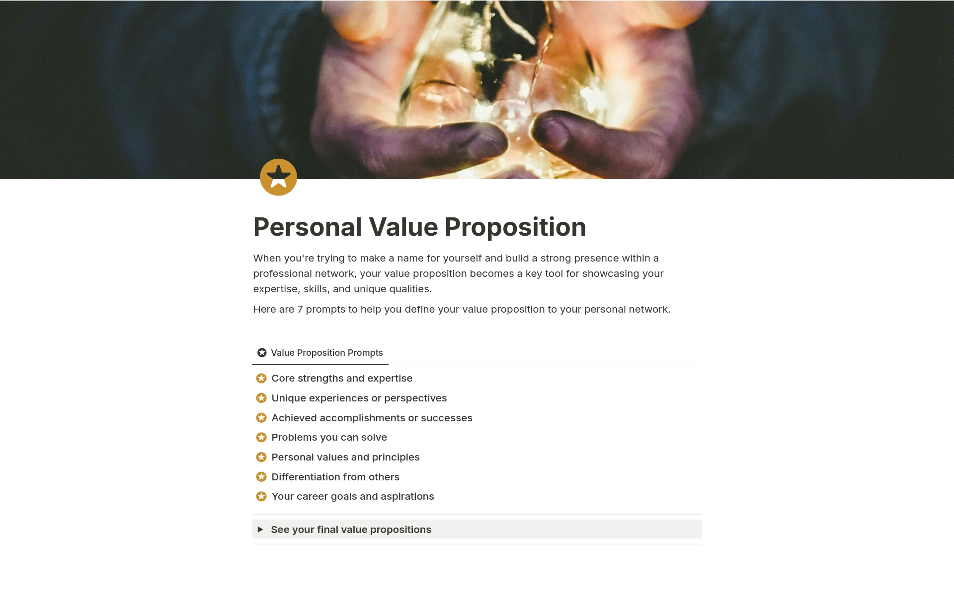 En förhandsgranskning av mallen för Personal Value Proposition