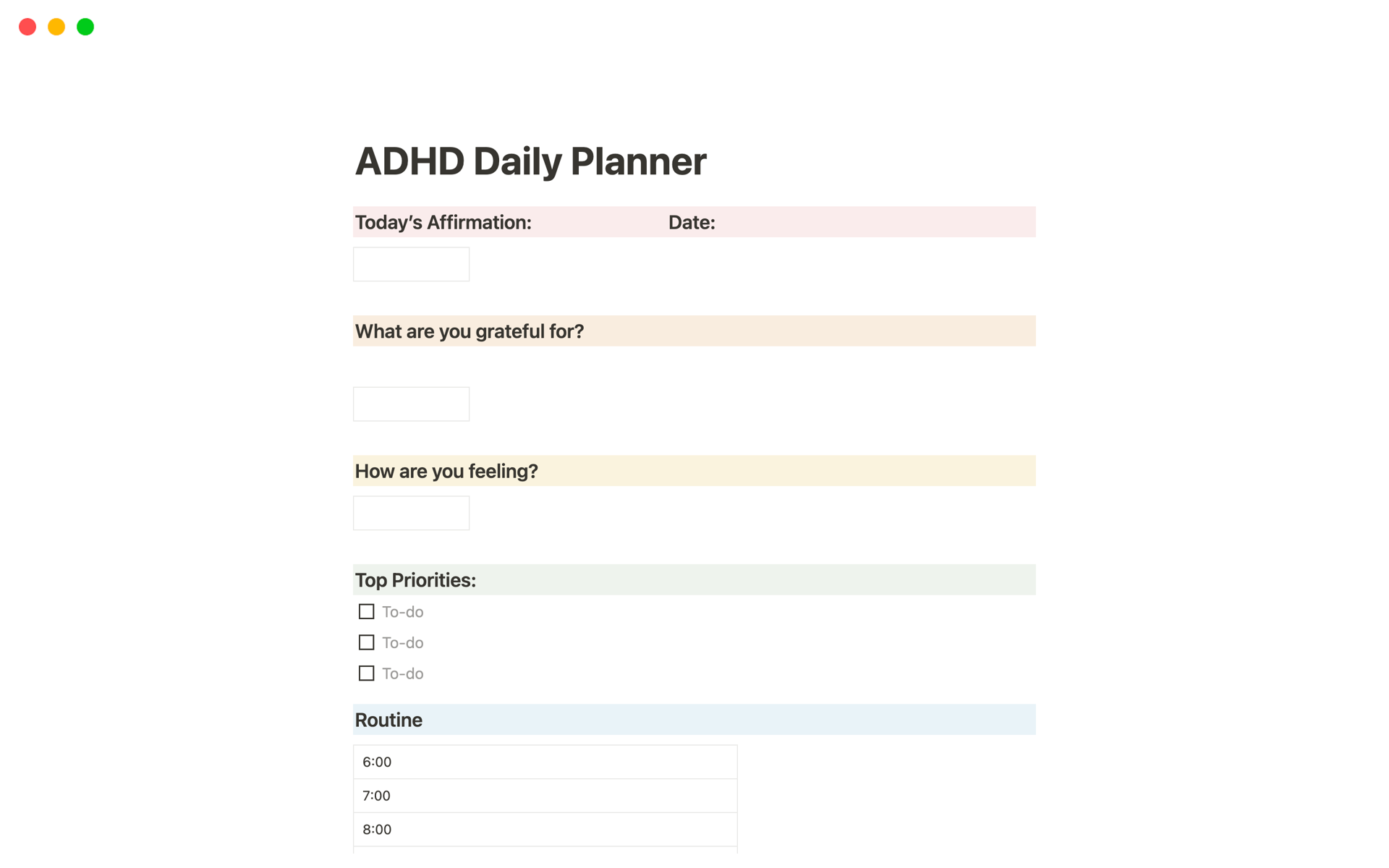 Eine Vorlagenvorschau für ADHD Daily Planner