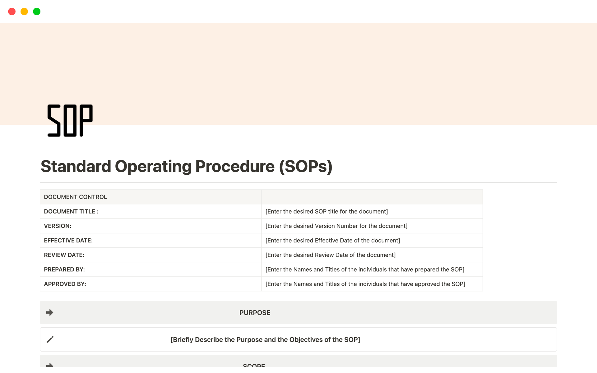 Vista previa de una plantilla para Standard Operating Procedure (SOPs)