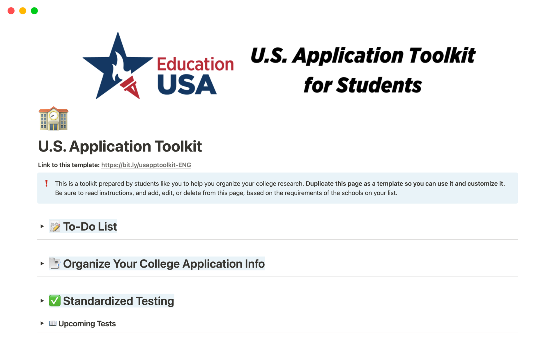 Uma prévia do modelo para EducationUSA U.S. Application Toolkit