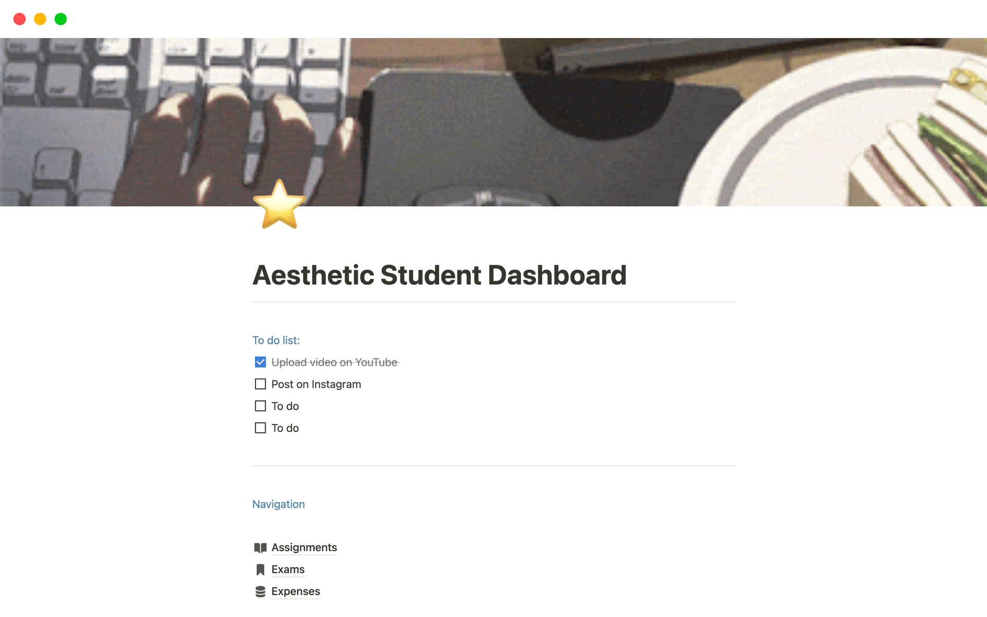 Aesthetic Student Dashboard Notion helps you to arrange your classes, assignments, expenses and results with our pre-build template.