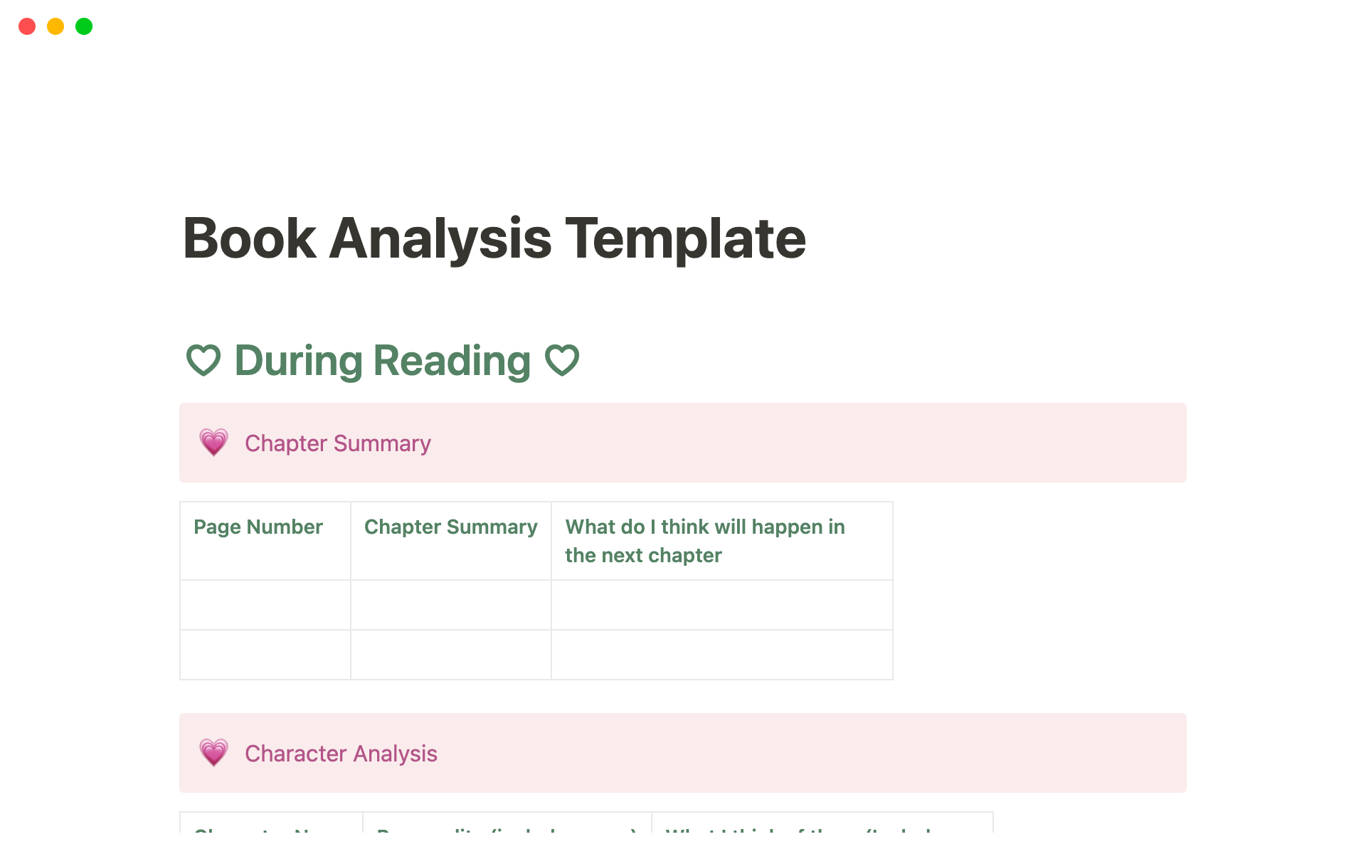 A template preview for Reading Log/Analysis