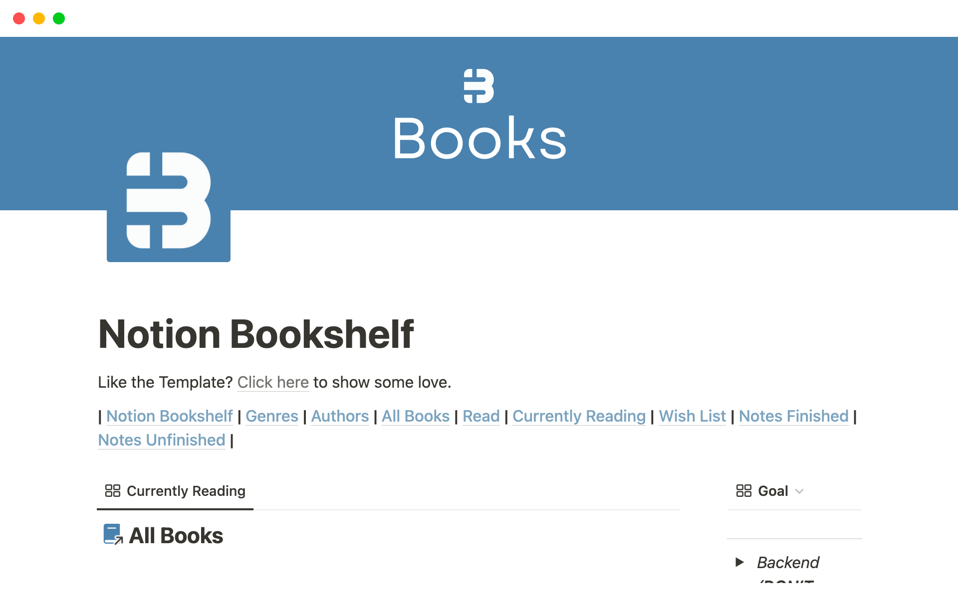 Uma prévia do modelo para Notion Bookshelf