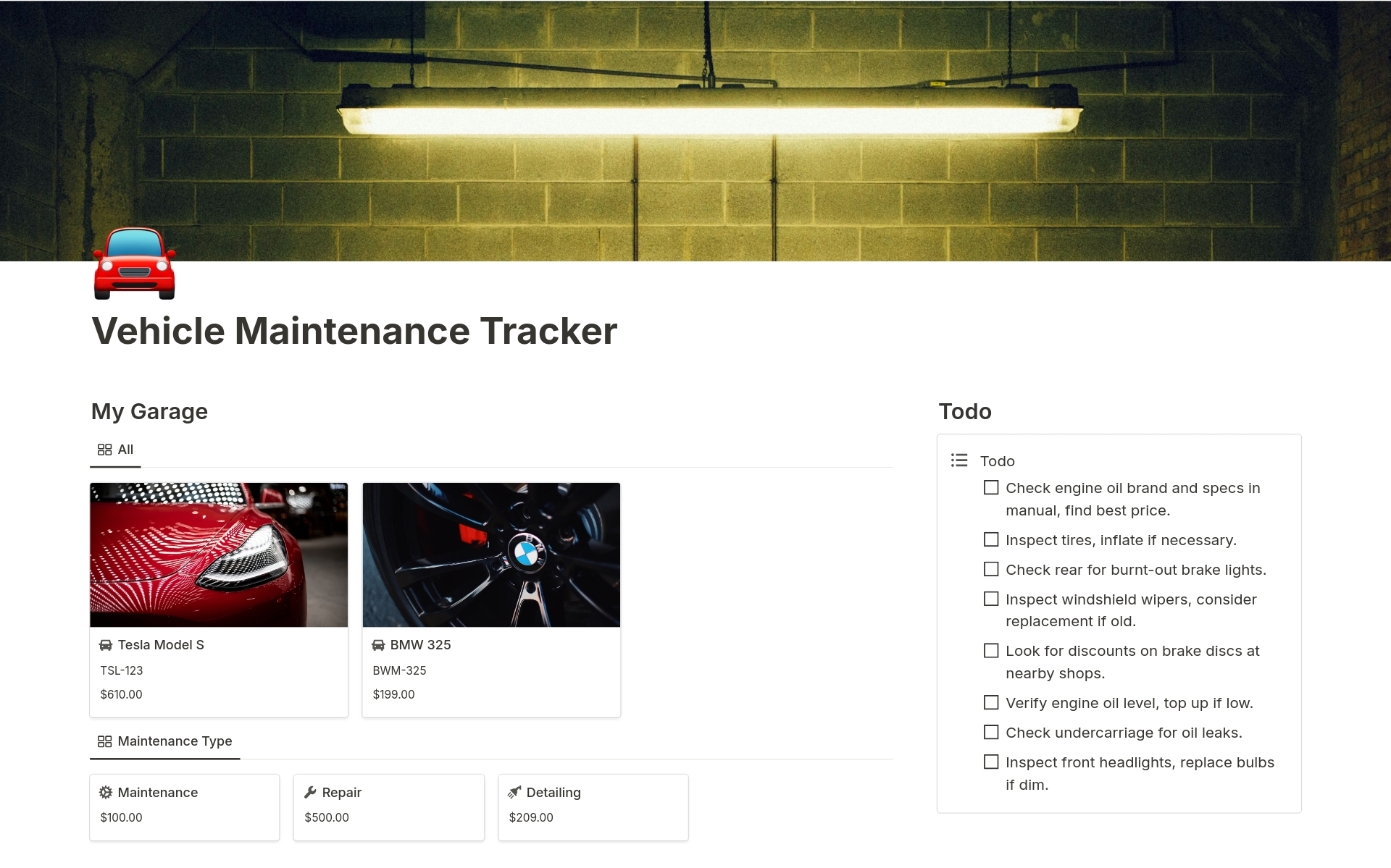 This is a Notion template designed for vehicle maintenance management, aiming to help us keep track of maintenance, repair, and care records during our daily use of vehicles. 🚗 🚗 🚗