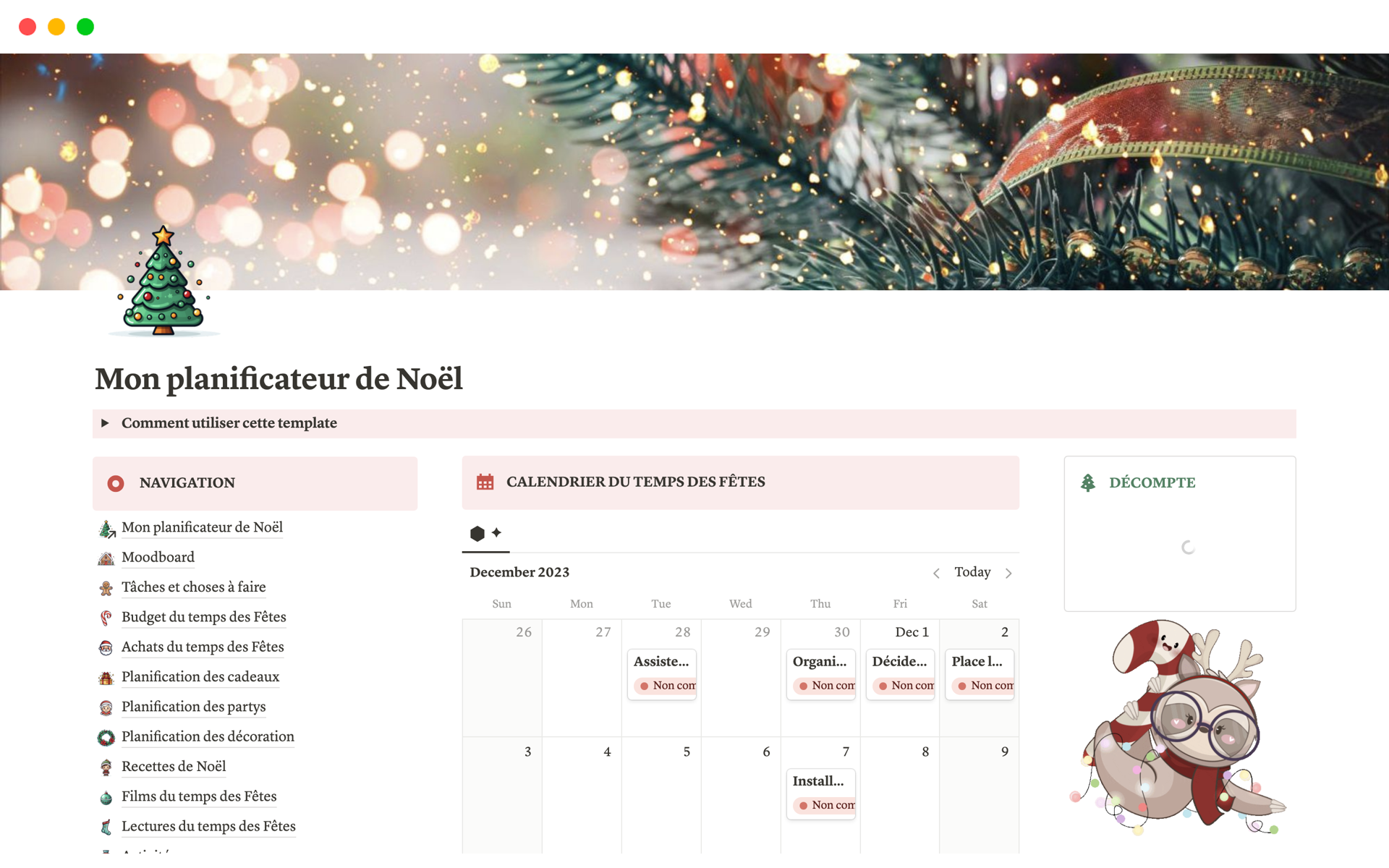 En förhandsgranskning av mallen för Mon planificateur de Noël