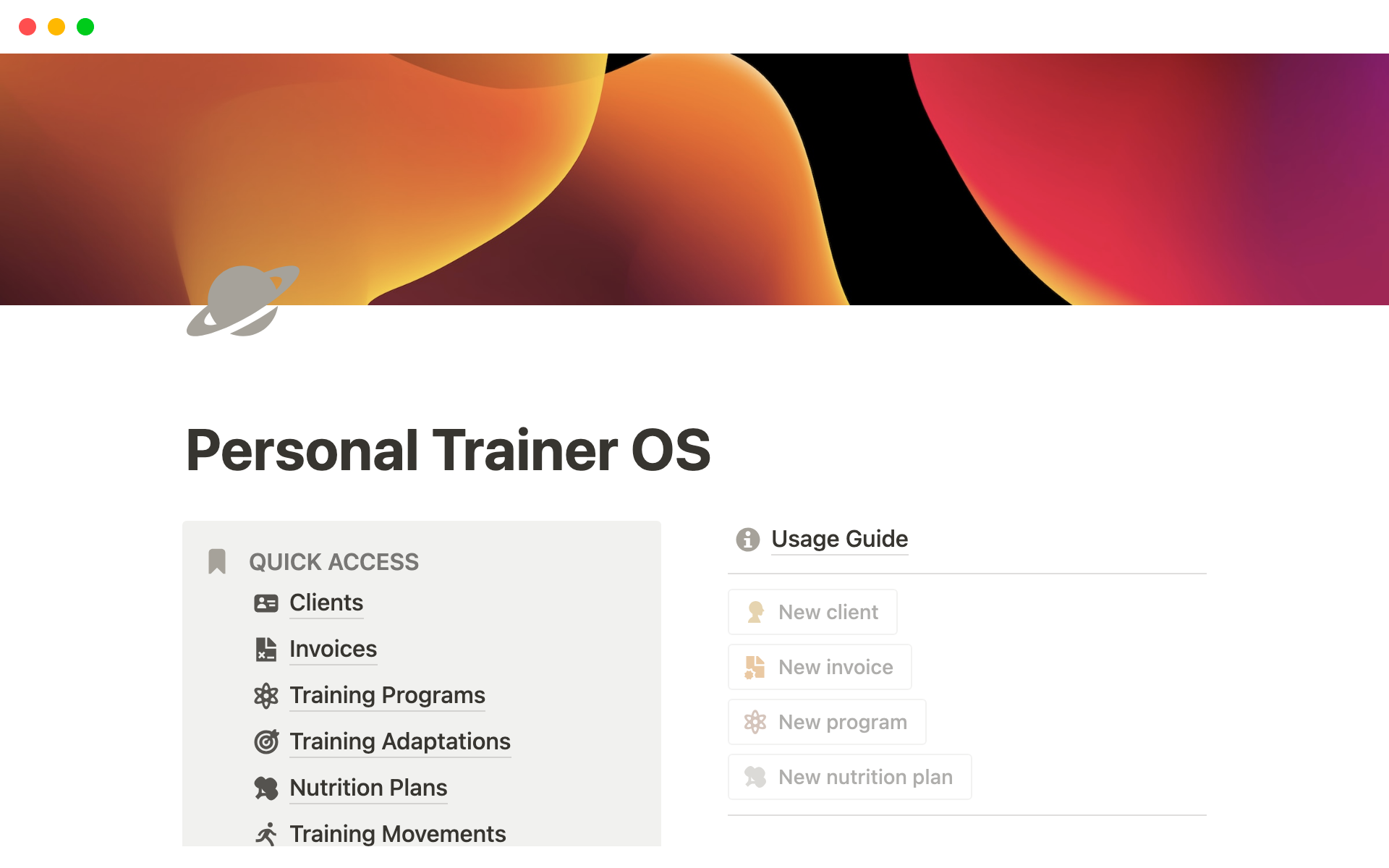 A template preview for Personal Trainer OS