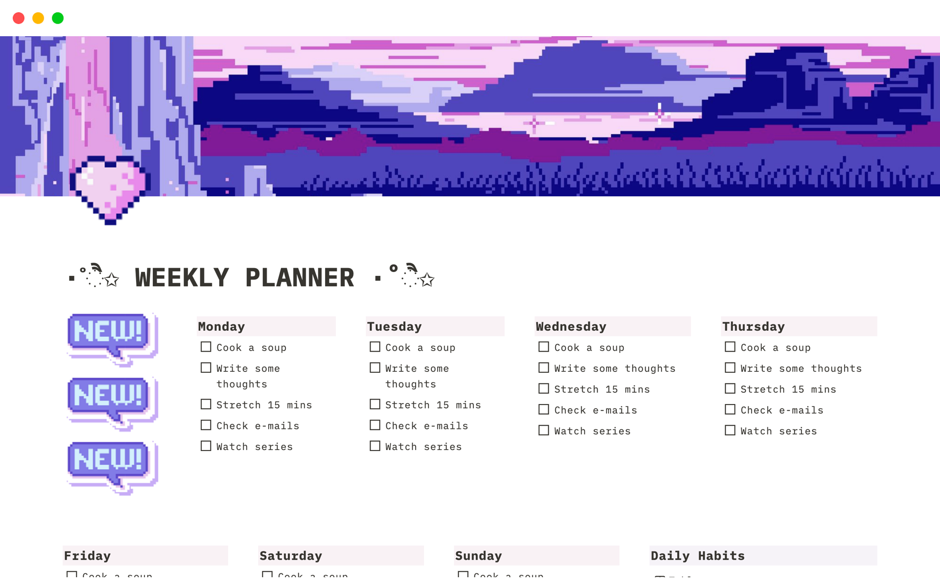A template preview for aesthetic weekly planner