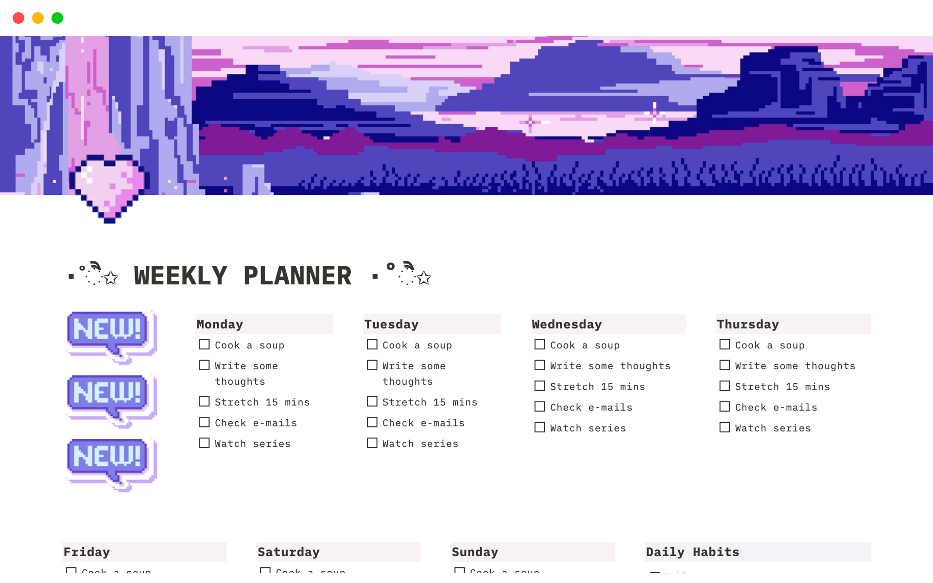 Vista previa de plantilla para aesthetic weekly planner