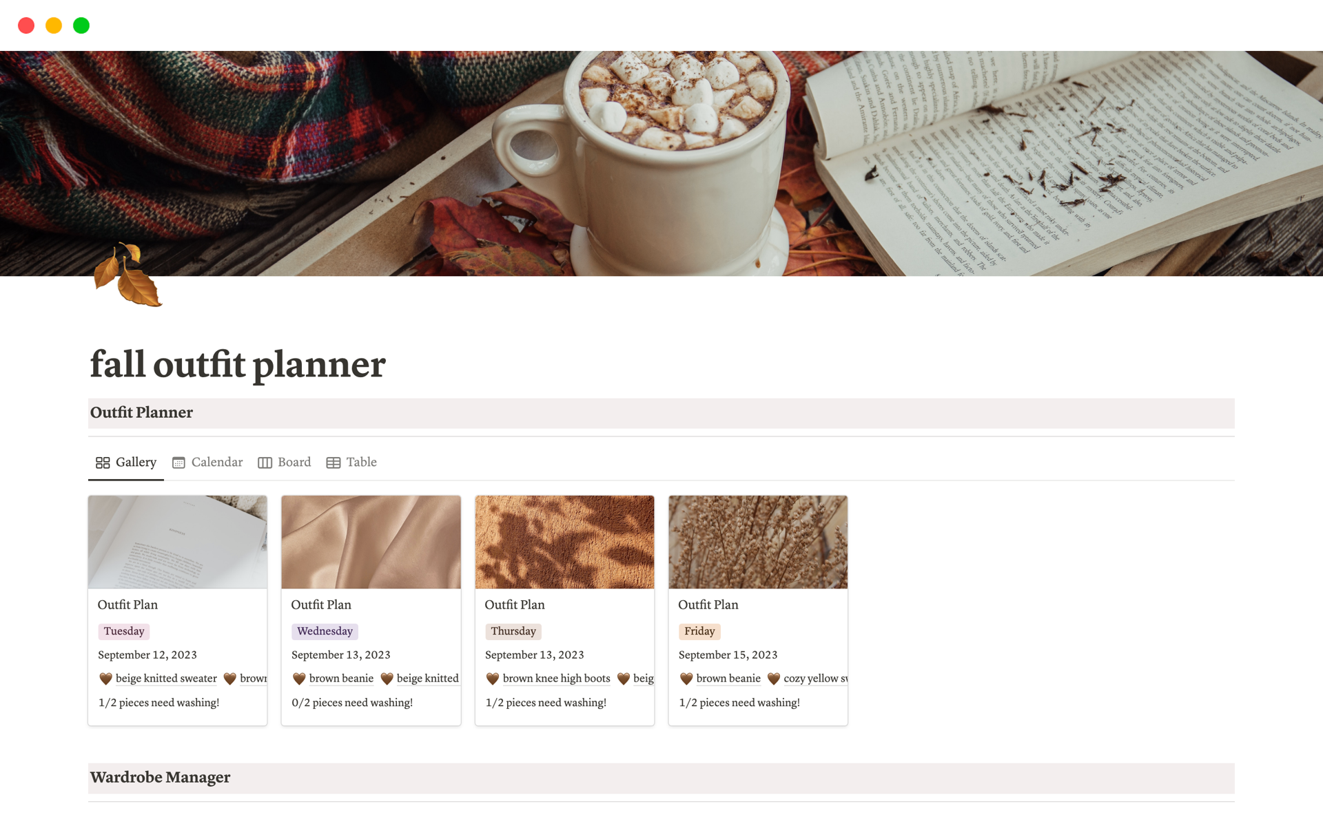 A template preview for fall outfit planner