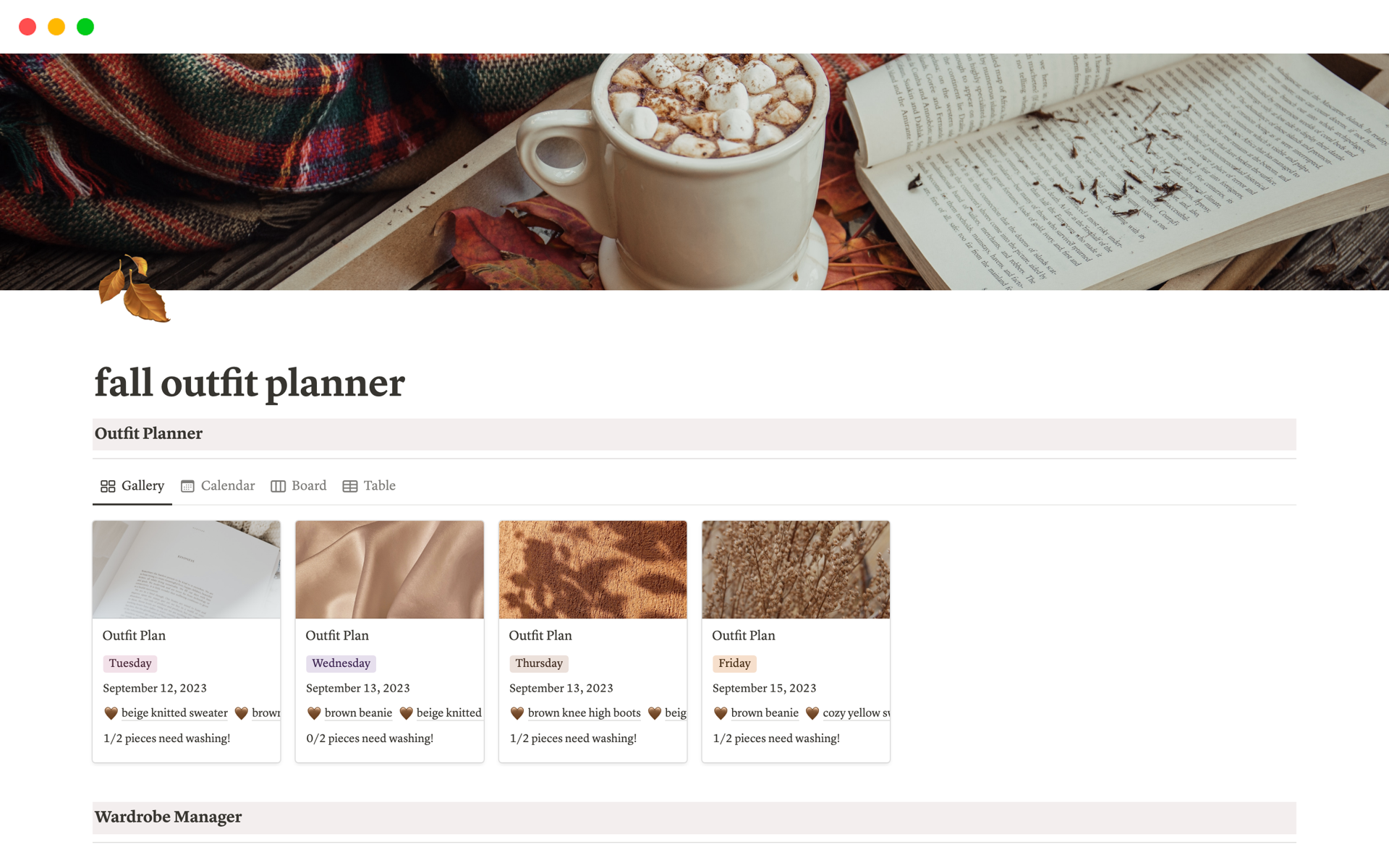 Vista previa de una plantilla para fall outfit planner