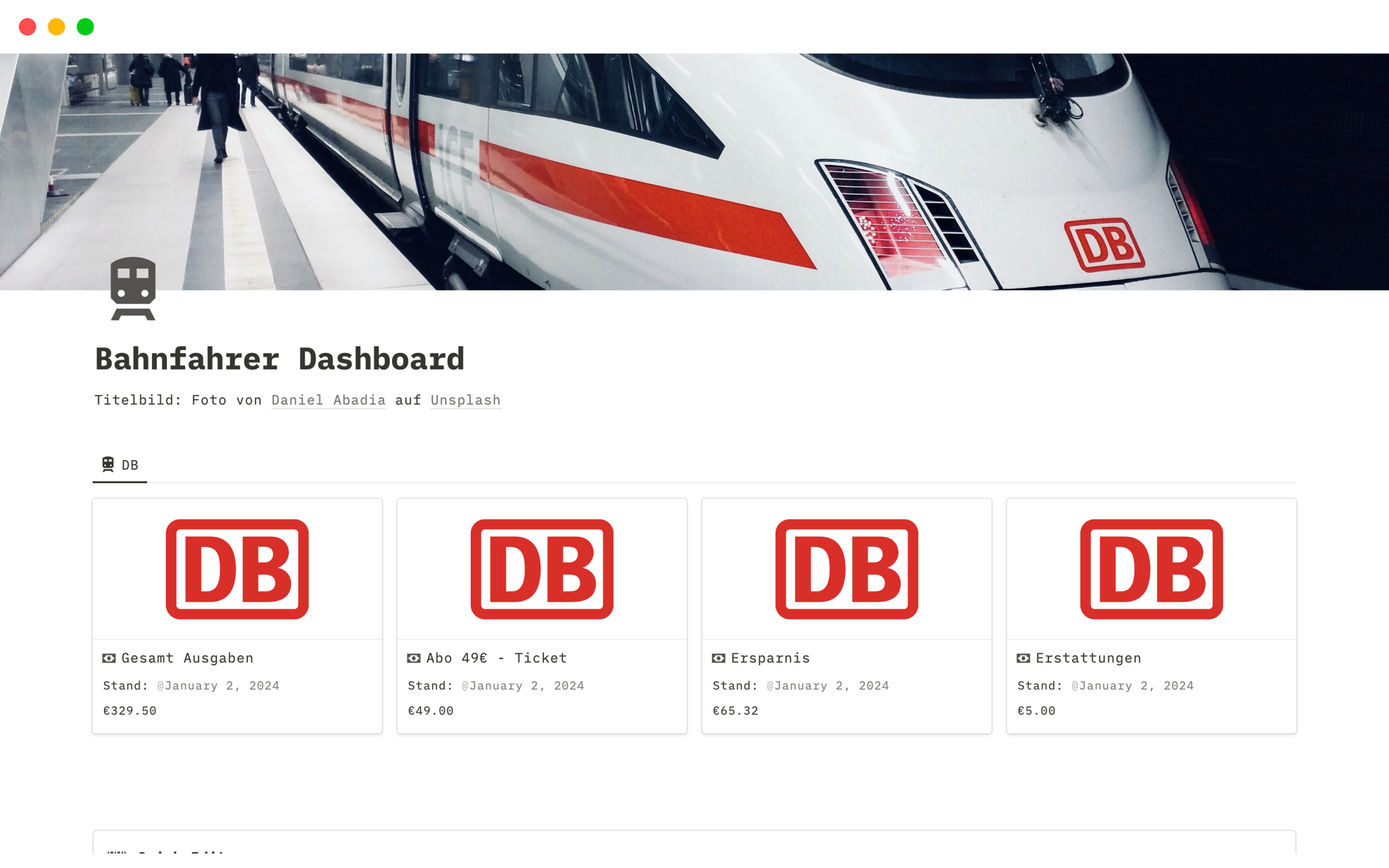 Das Bahnfahrer Dashboard für Notion bietet die ideale Lösung, um deine Bahnfahrten zu organisieren und Kosten im Blick zu behalten. 