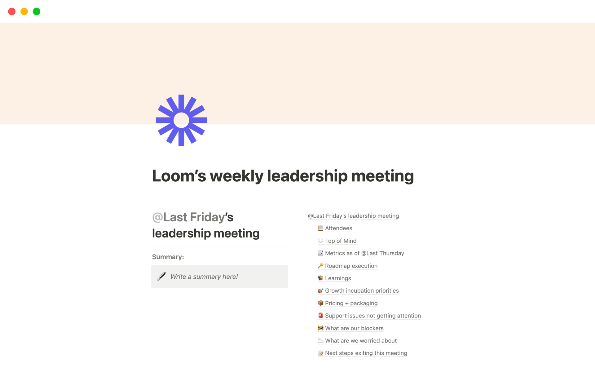 A template preview for Weekly Leadership Meeting