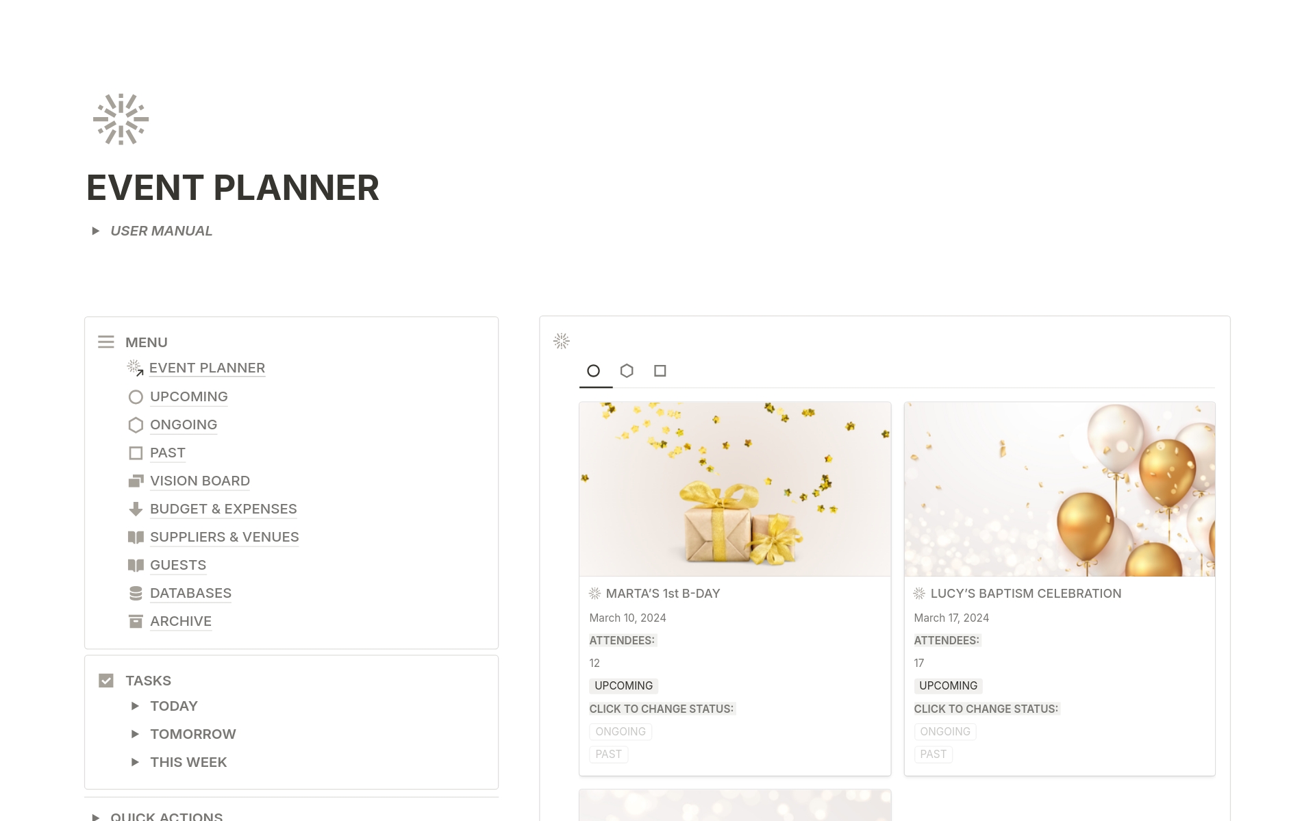 The Event Planner streamlines event organization with sections for upcoming, ongoing, and past events. Features include pages for guest details, venues, budget tracking, and a vision board. It also offers specific pages for each event, covering sites, schedules, invitations,