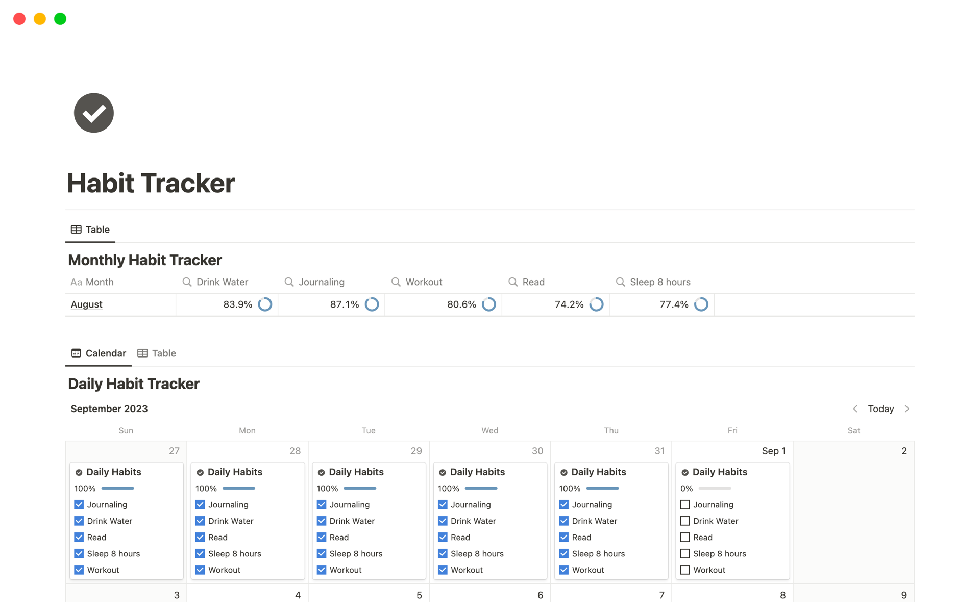 Habit Trackerのテンプレートのプレビュー