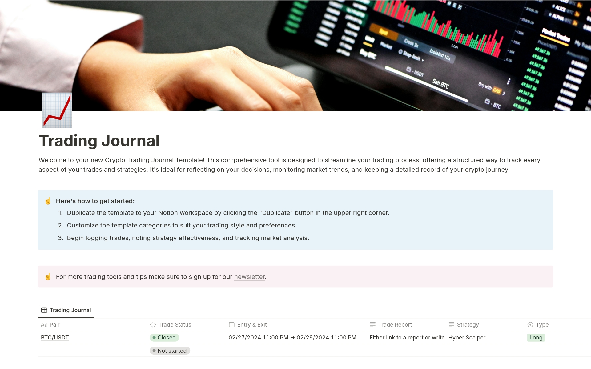 En forhåndsvisning av mal for Crypto Trading Journal