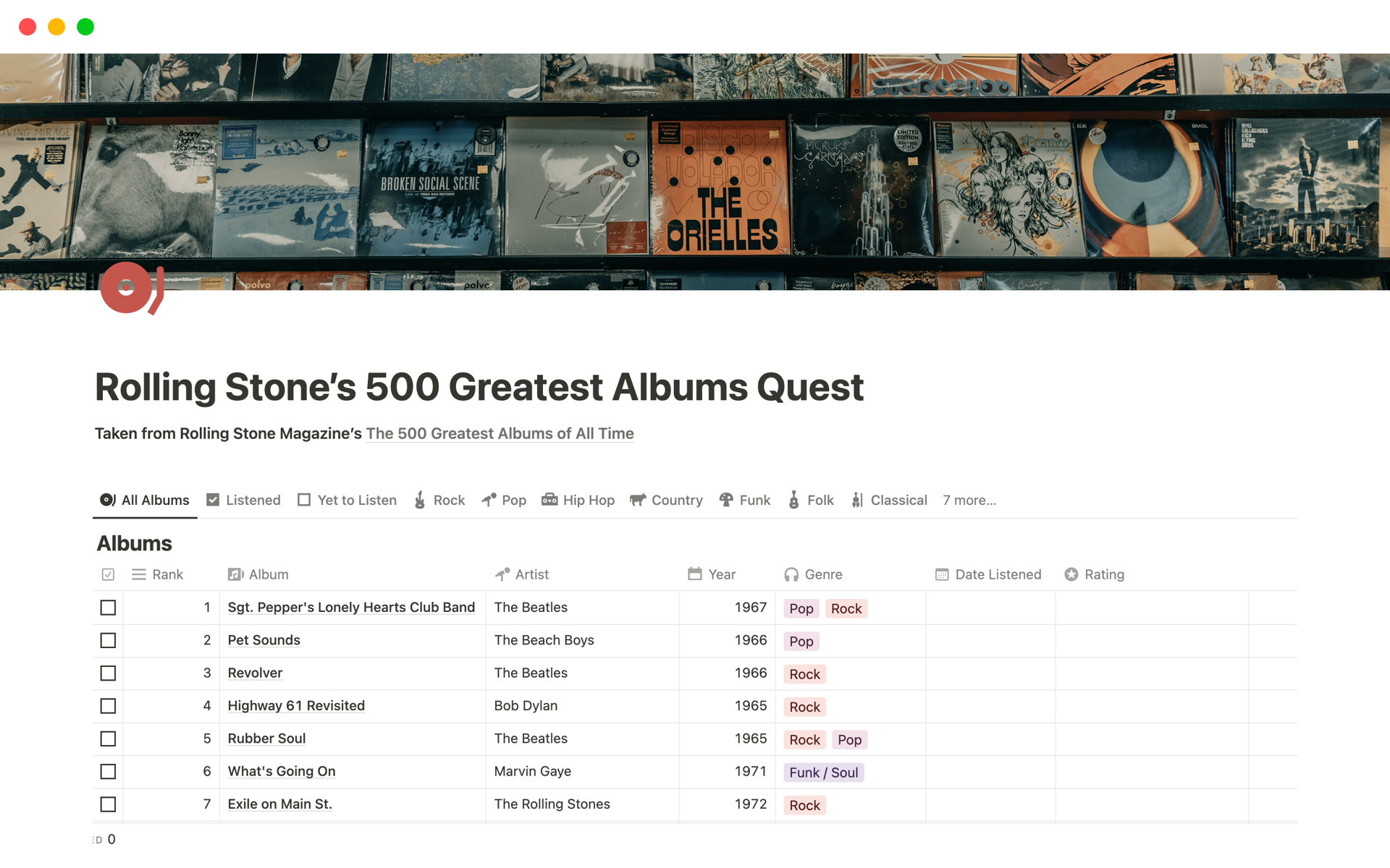 A template preview for Rolling Stone's 500 Greatest Albums Quest