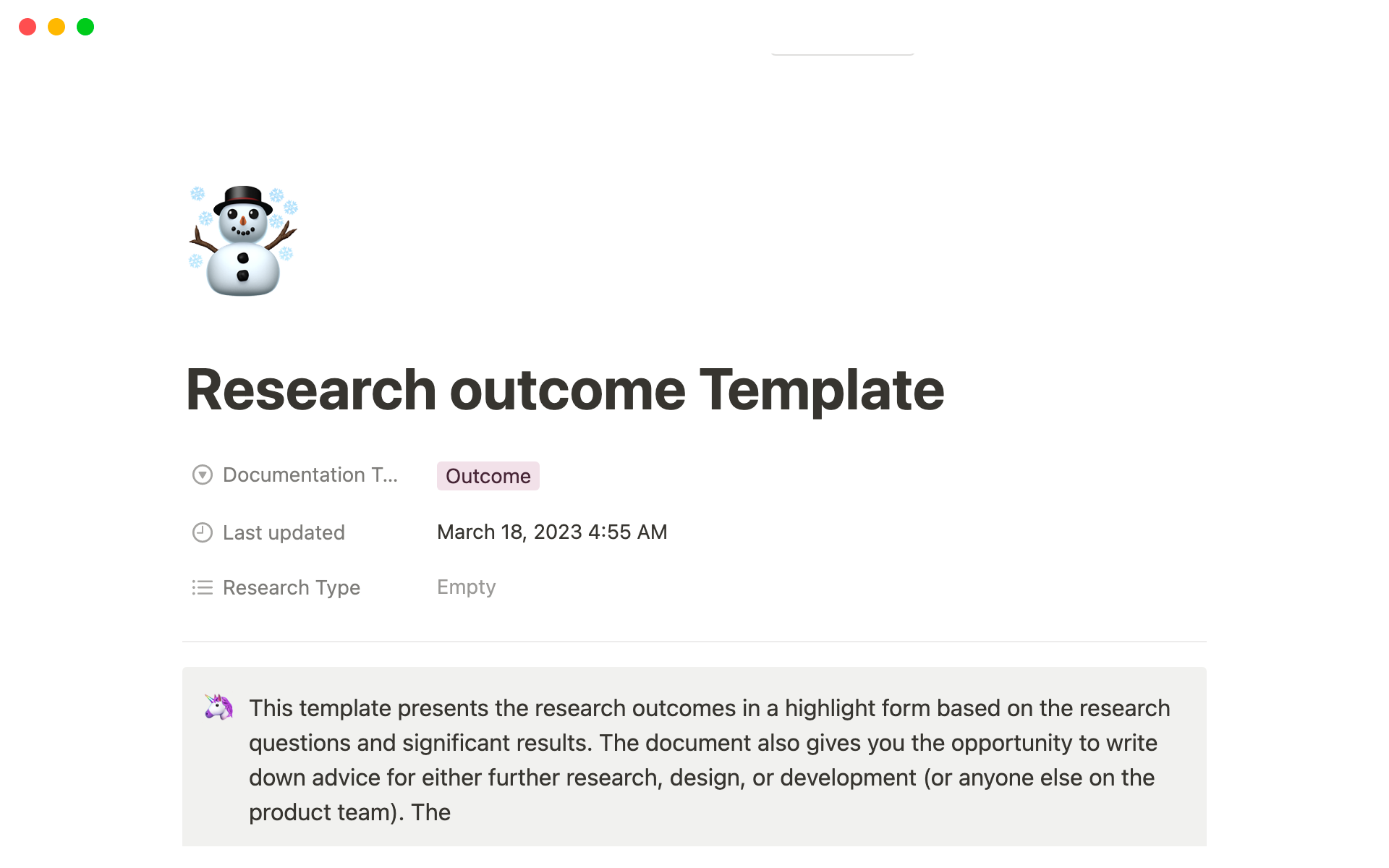 A template preview for Research Outcome Template