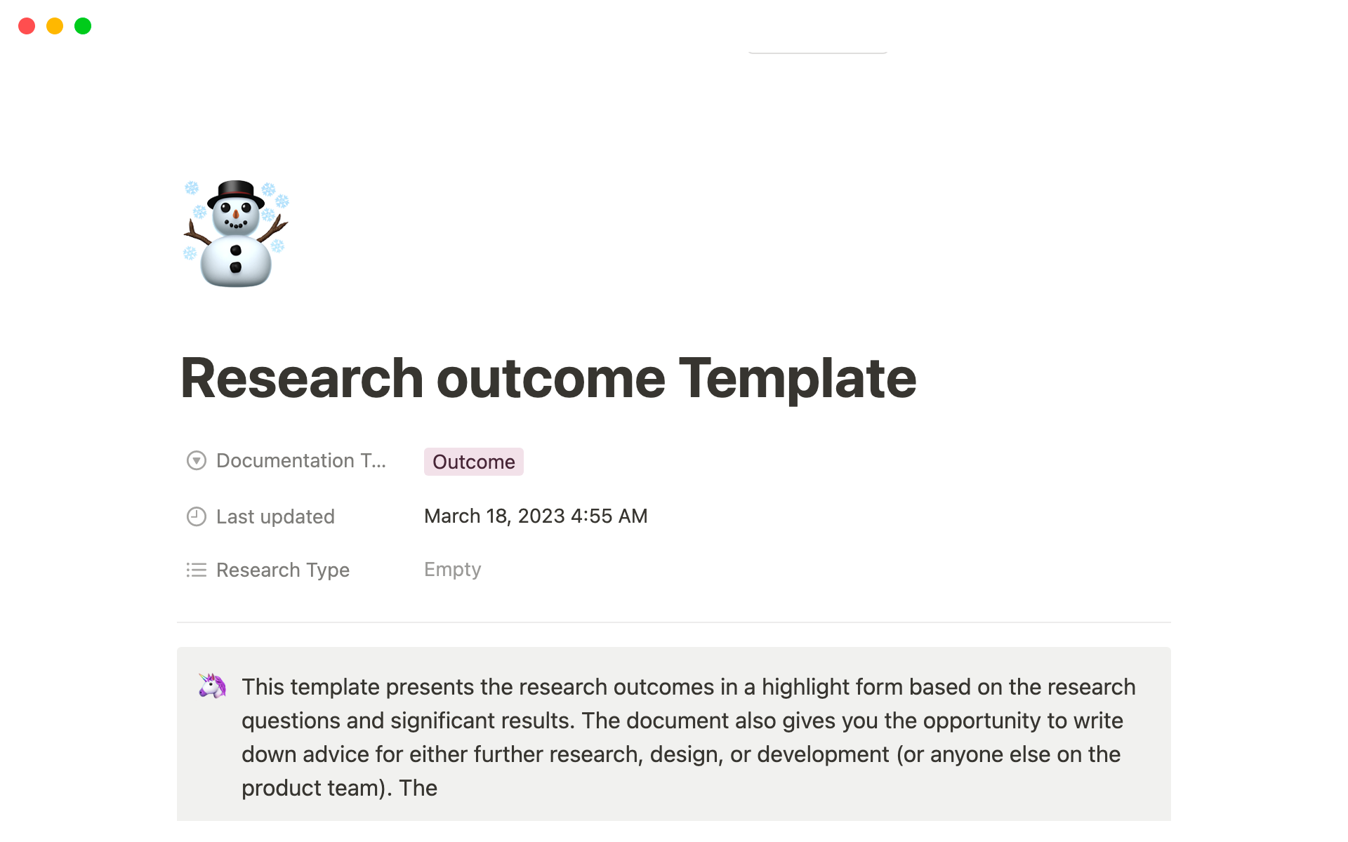 Uma prévia do modelo para Research Outcome Template