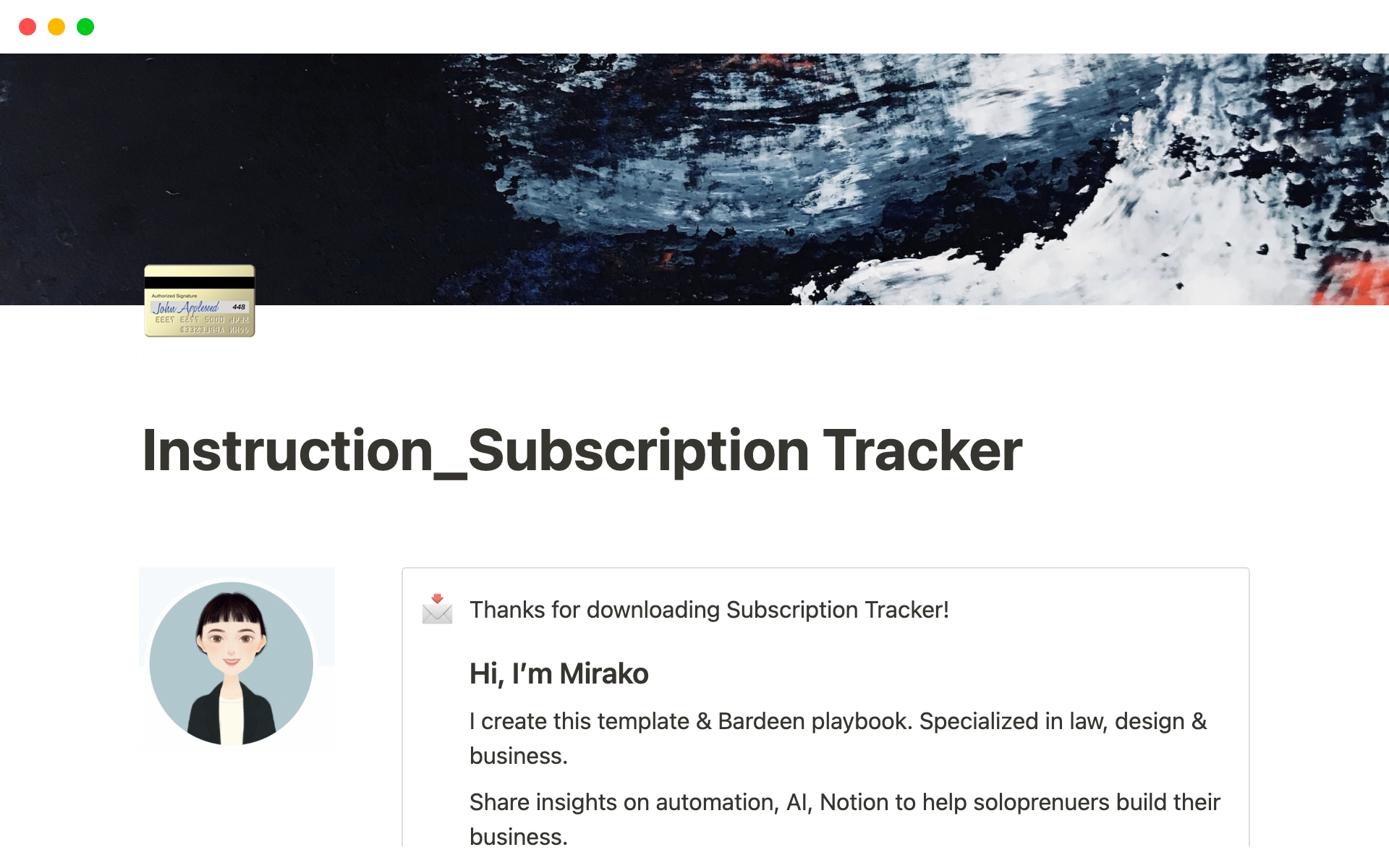 Vista previa de una plantilla para Subscription Tracker