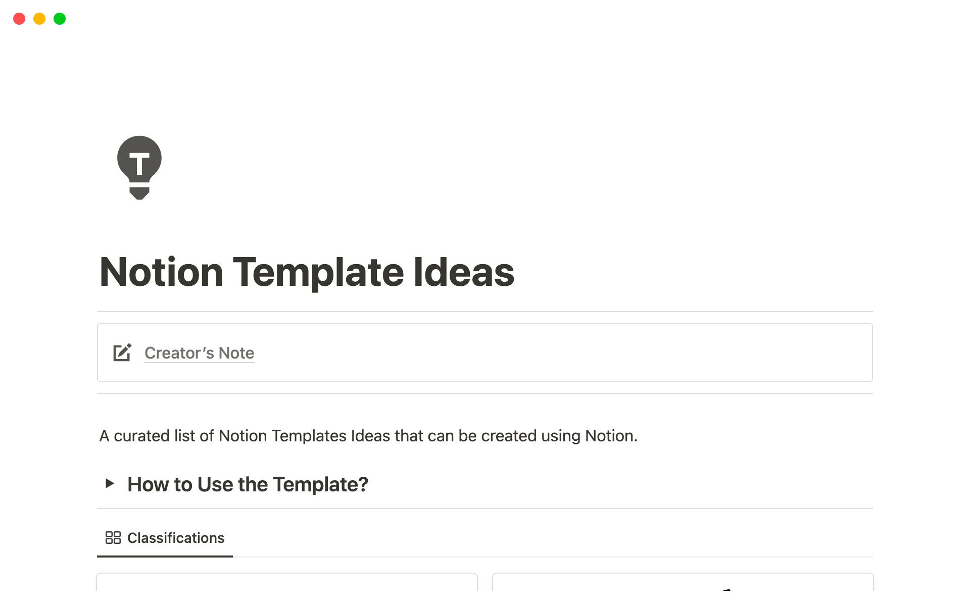 Eine Vorlagenvorschau für Notion Template Ideas (550+ Pack)