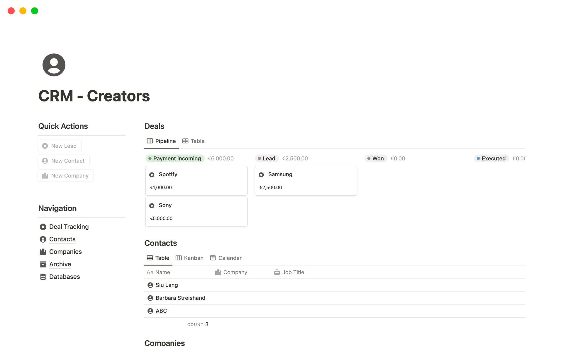 Vista previa de plantilla para CRM - Creators