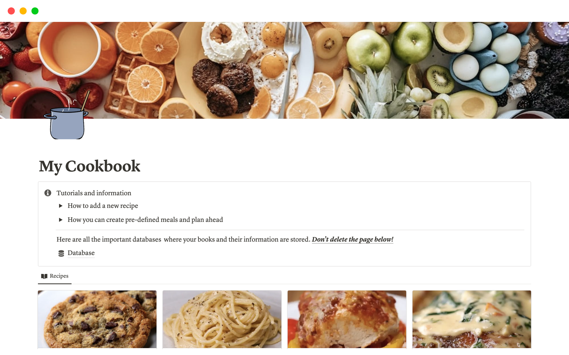 Introducing the ultimate Notion Cookbook Template - effortlessly access and store recipes, plan meals with a meal planner, manage pantry ingredients, and automatically generate precise grocery lists. Simplify your culinary journey today!