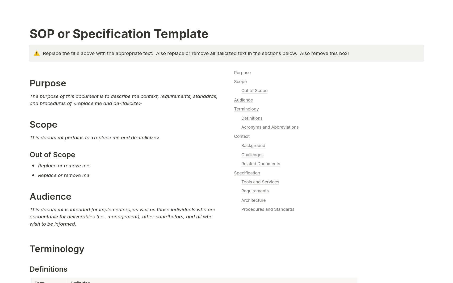 A template preview for SOP or Specification
