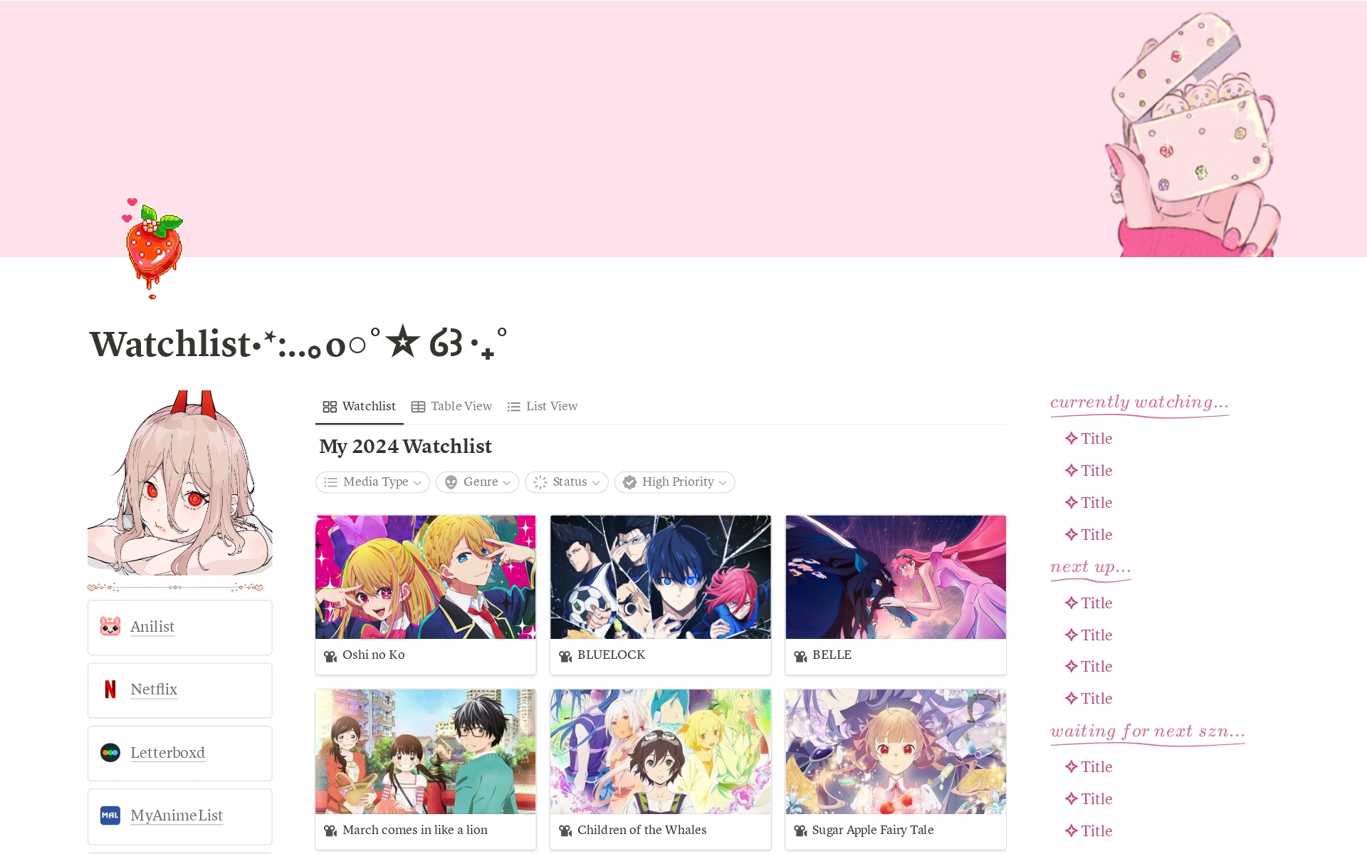 FREE | Watchlist Notion Template | Anime, TV & Movie Tracker | Media Tracker Notion Template | Aesthetic Kawaii Notion Template

