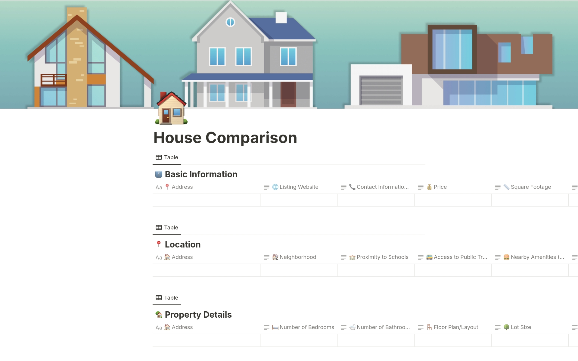 Efficiently compare houses with this comprehensive Notion template. Easily organize and evaluate property details, location, condition, financial information, and more to make informed decisions in your house-hunting journey.