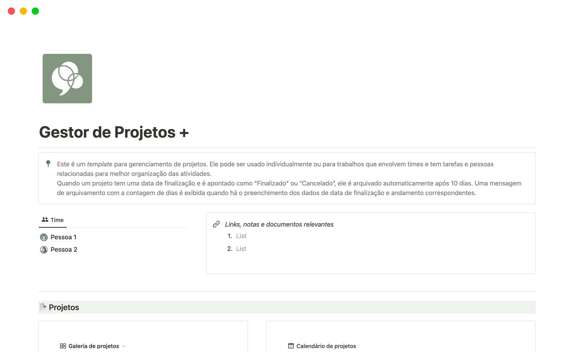 A template preview for Gestor de Projetos +