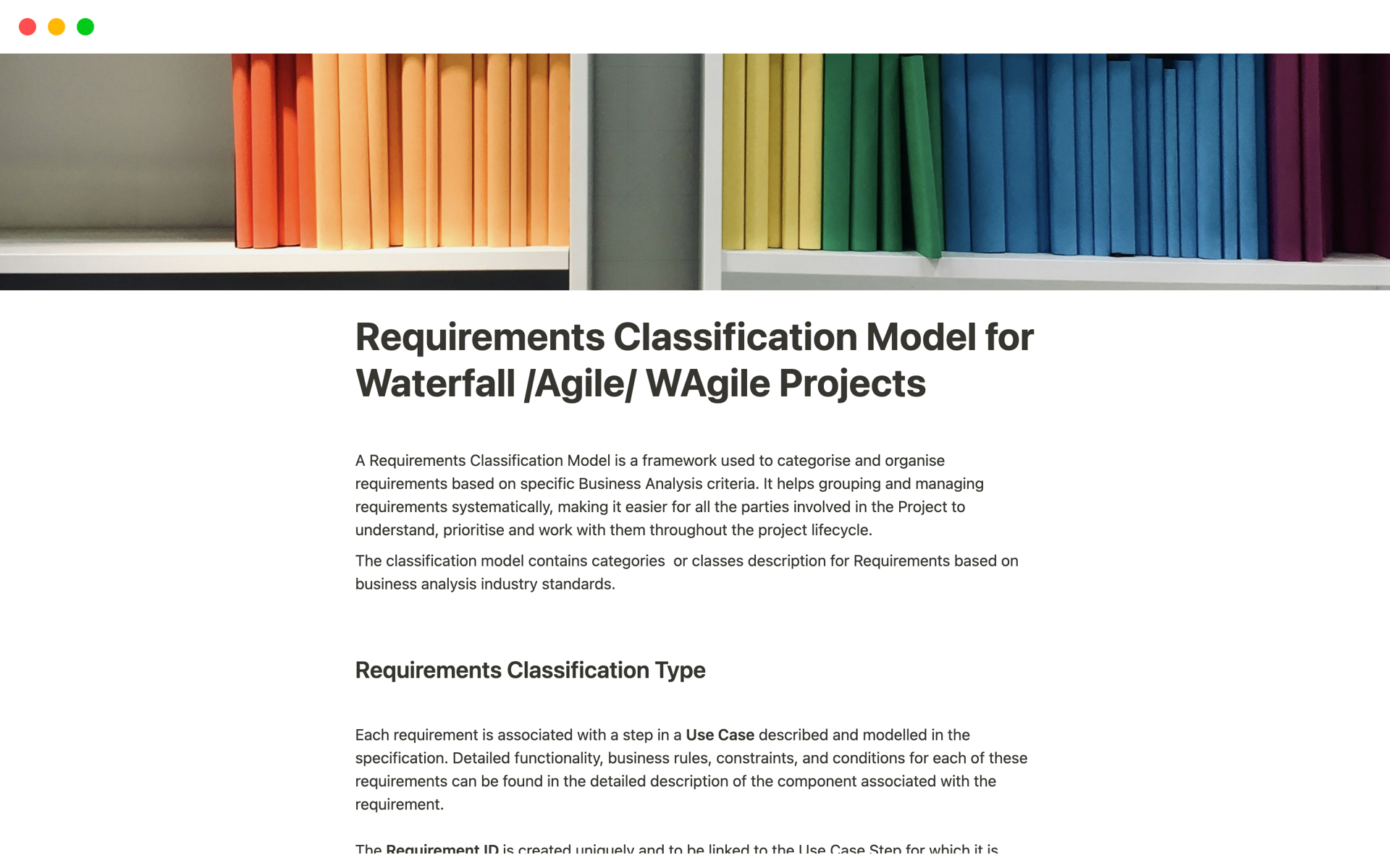 A template preview for Requirement Classification Waterfall Agile Wagile 