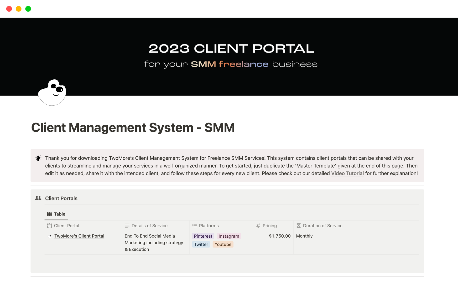 A template preview for Client Management System - SMM