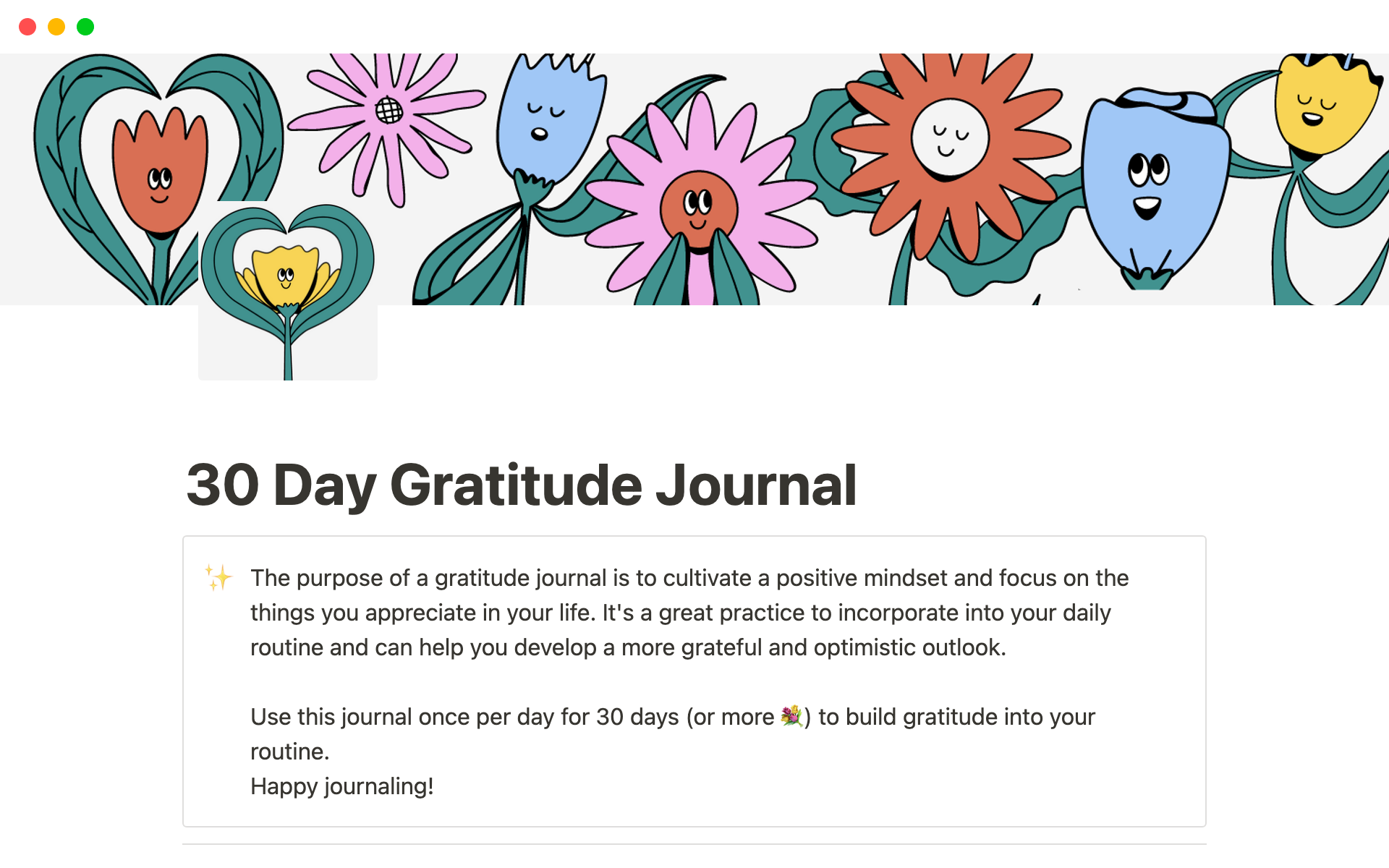 30 Day Gratitude Journalのテンプレートのプレビュー