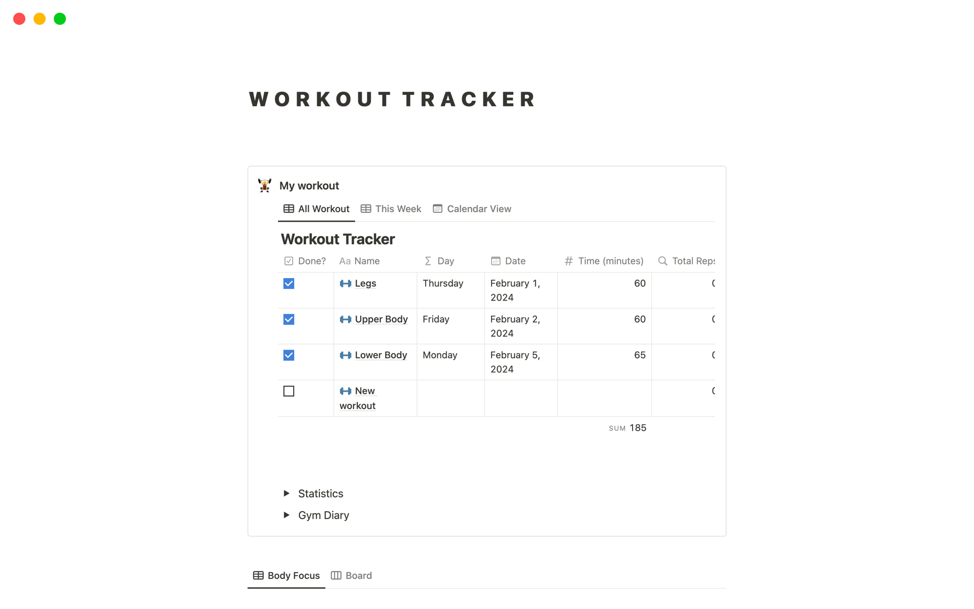 A template preview for Workout Tracker