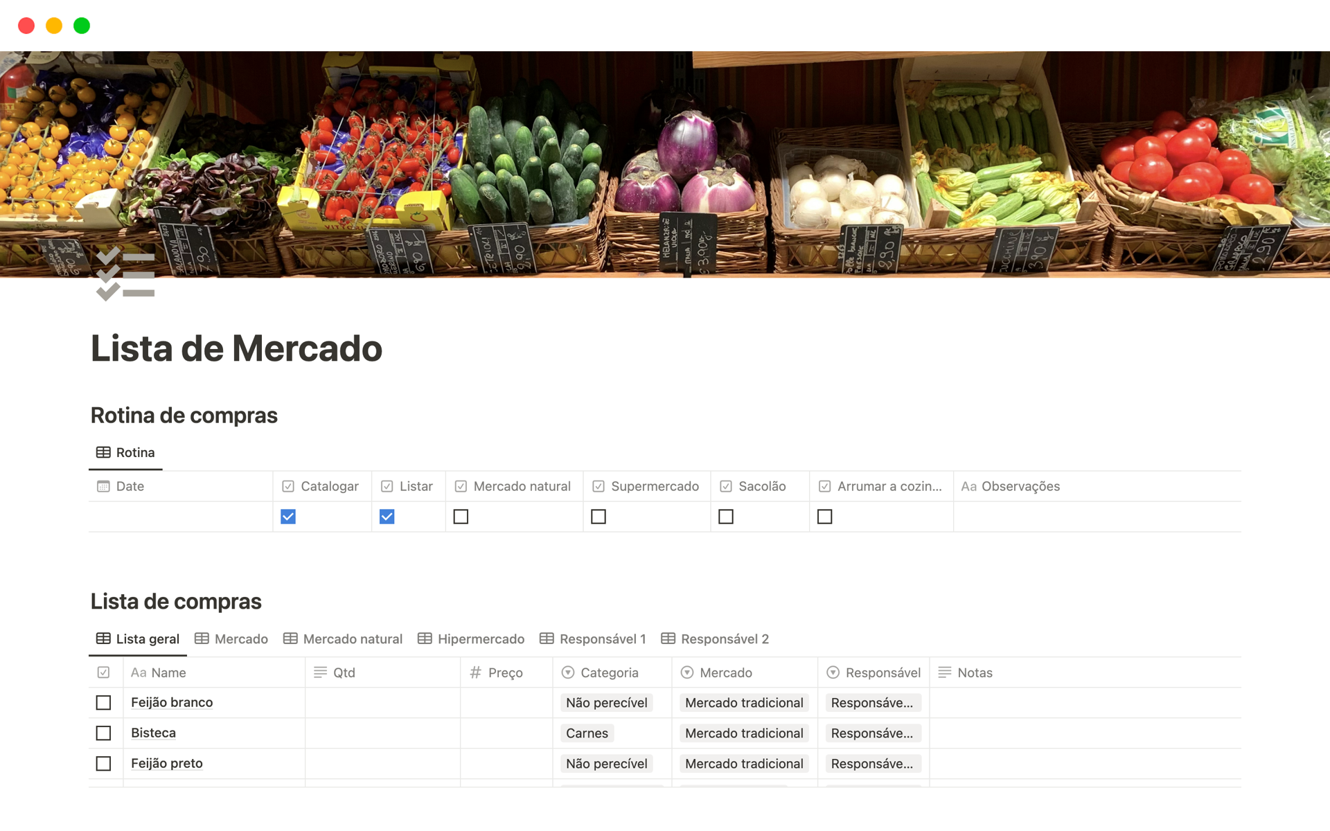En forhåndsvisning av mal for Lista de Mercado