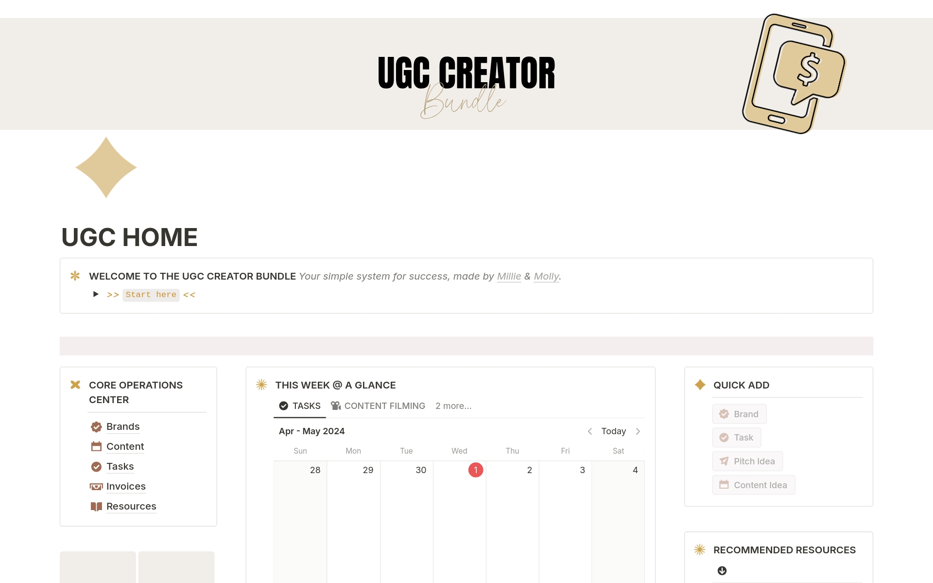 The UGC Creator Bundle is built for independent creators to manage all aspects of their UGC business. Whether you are just starting out, or a seasoned expert, this bundle combines the knowledge of two experts in their field created by Notion Certified Consultant, Molly Jones