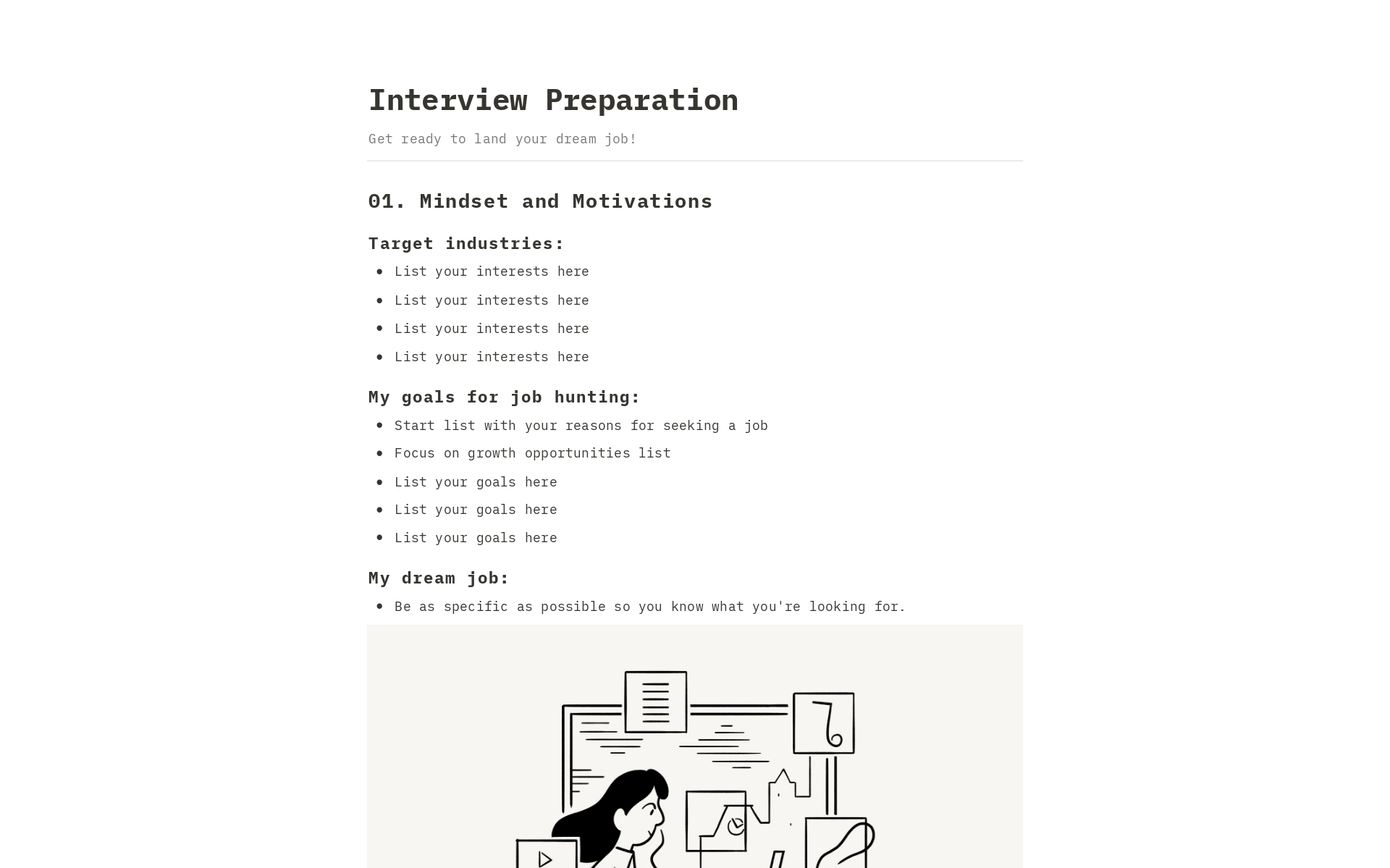 Prepare for your next interview with confidence using our detailed interview preparation template. 