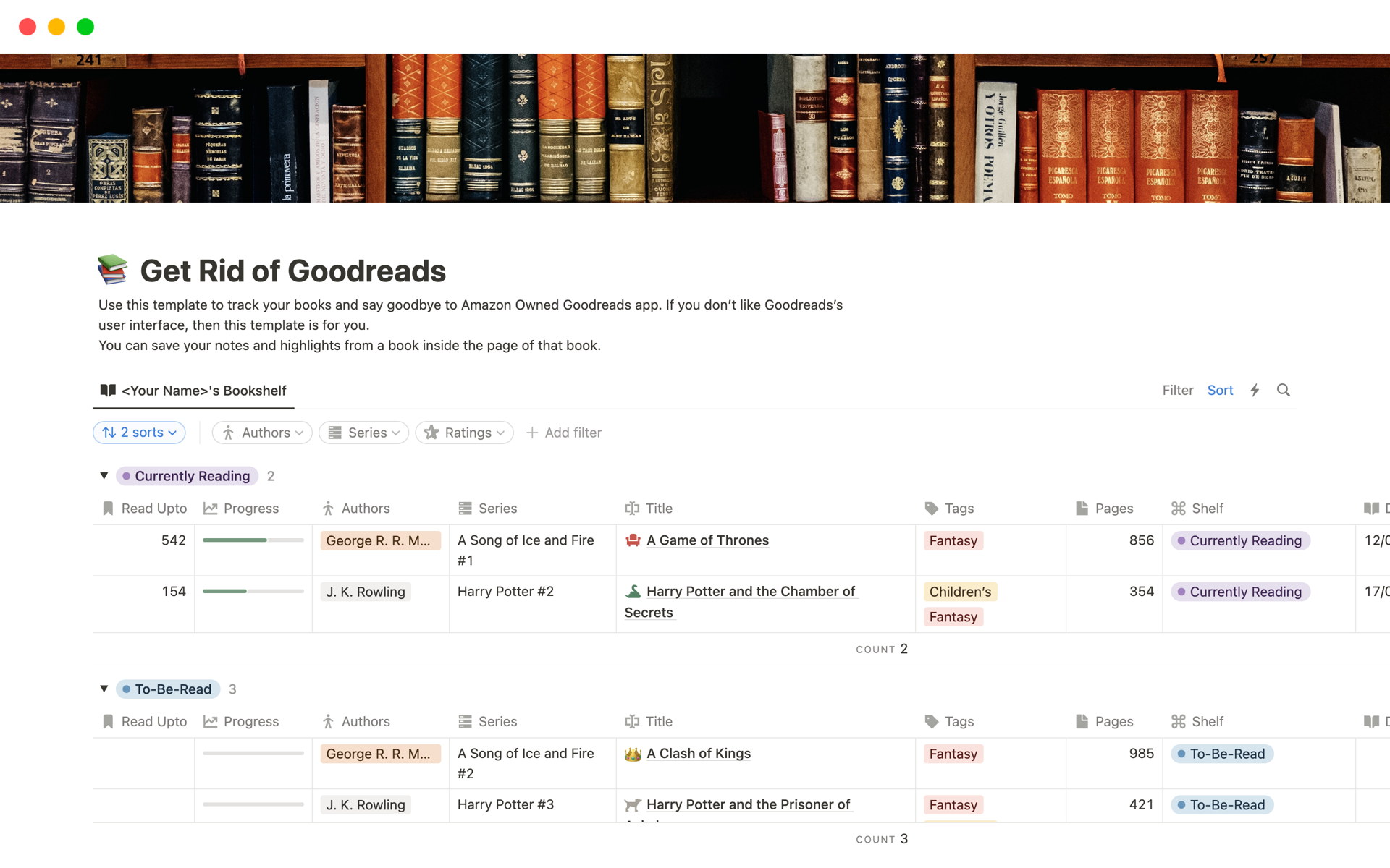 A template preview for Get Rid of Goodreads and Track your Reading