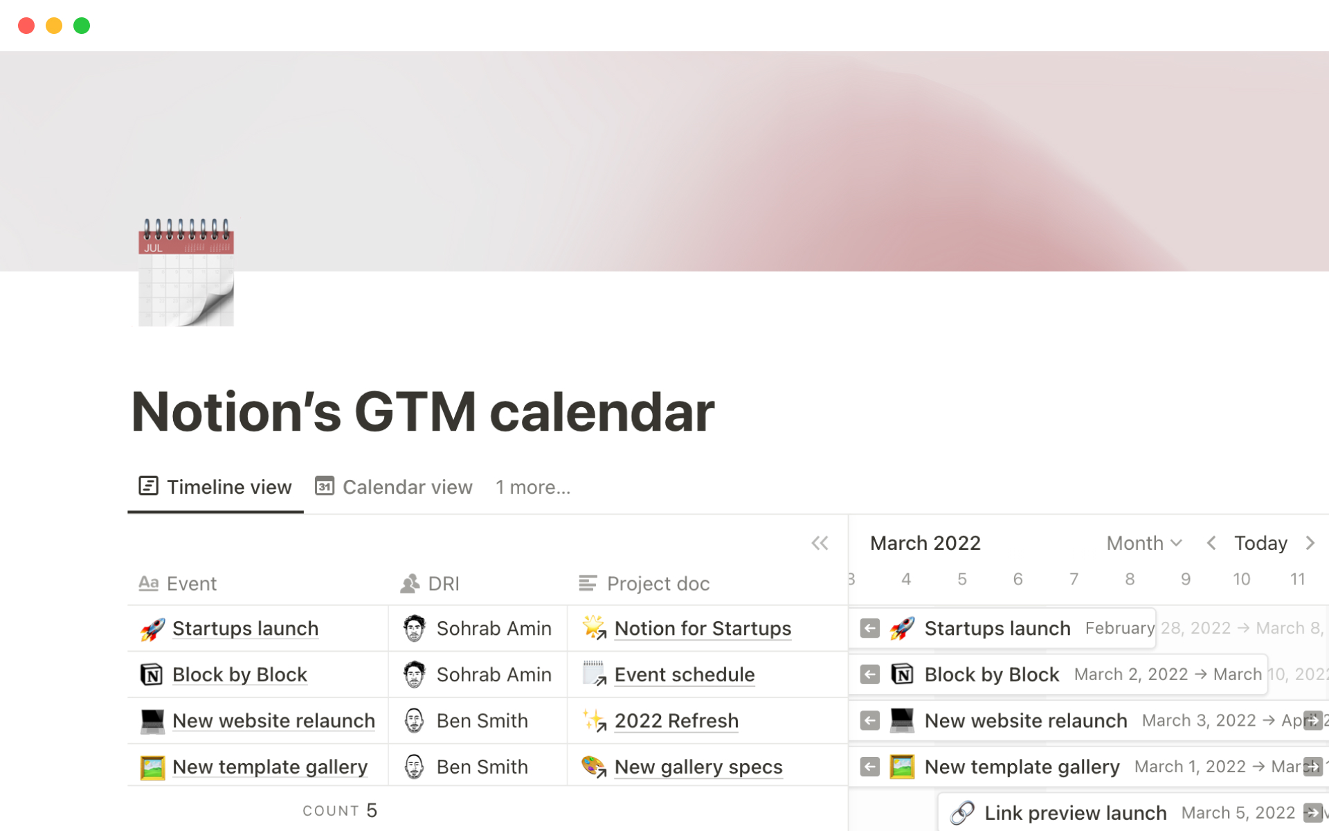 Eine Vorlagenvorschau für Notion’s GTM calendar