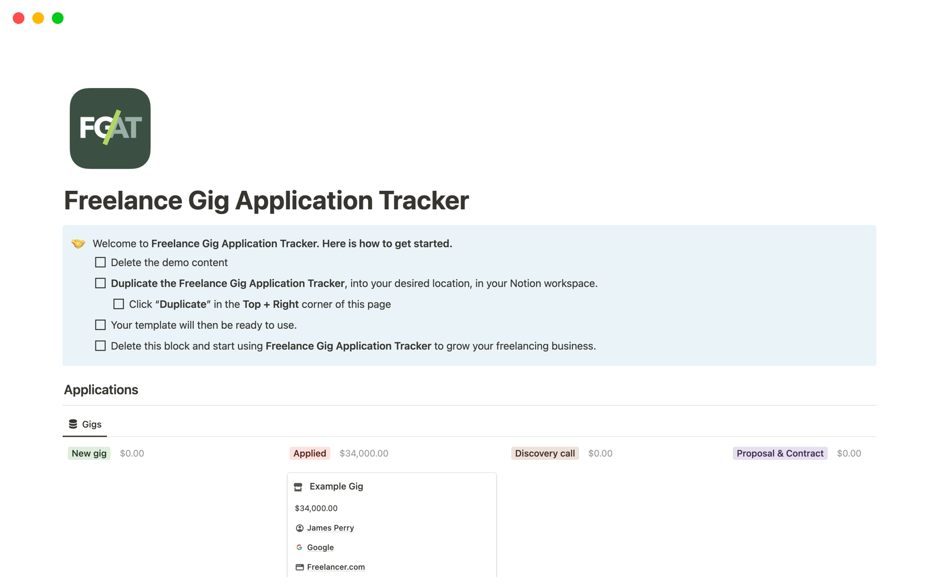 Eine Vorlagenvorschau für Freelance Gig Application Tracker