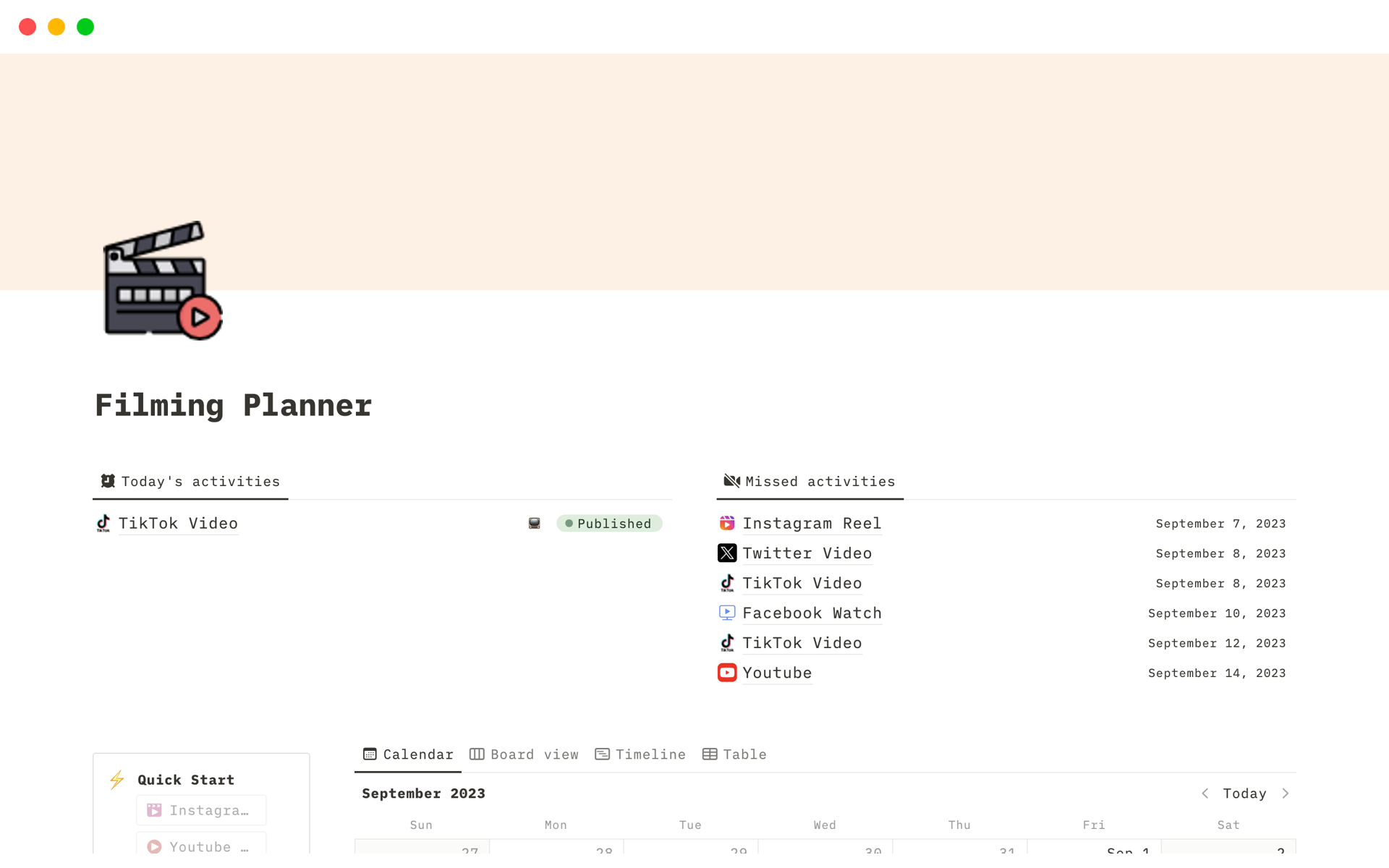 A template preview for Filming Planner