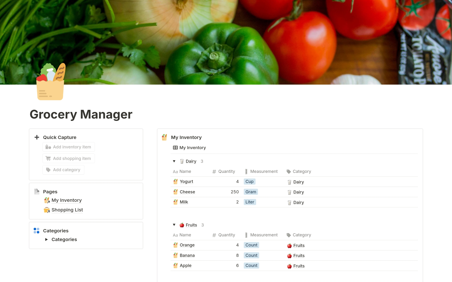 A template preview for Grocery Manager