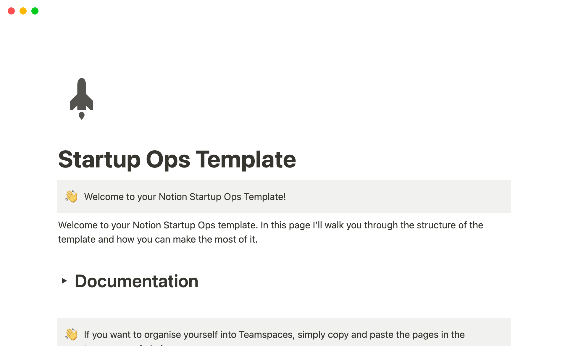 Uma prévia do modelo para Notion Startup Ops