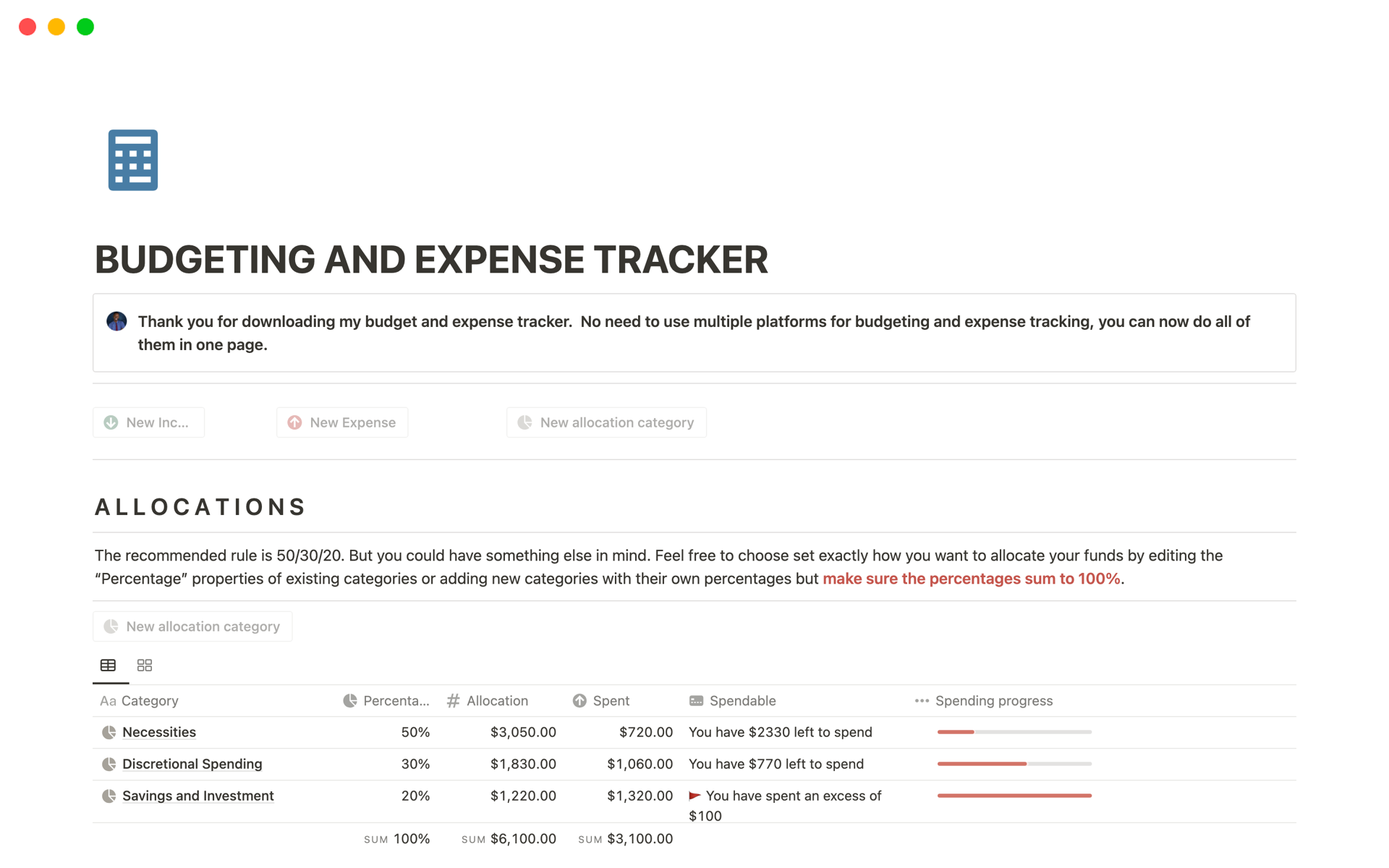 BUDGETING AND EXPENSE TRACKERのテンプレートのプレビュー