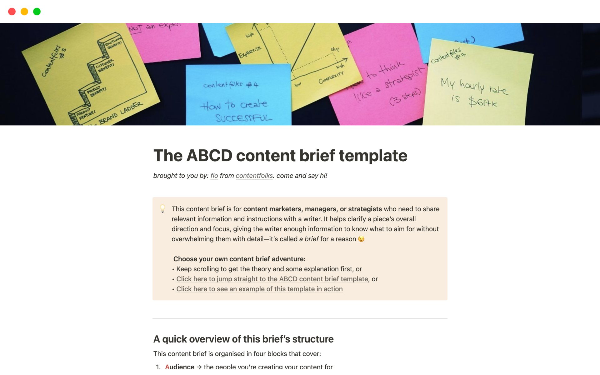 A content brief template for content marketers, managers, or strategists who need to share relevant information and instructions with a writer.