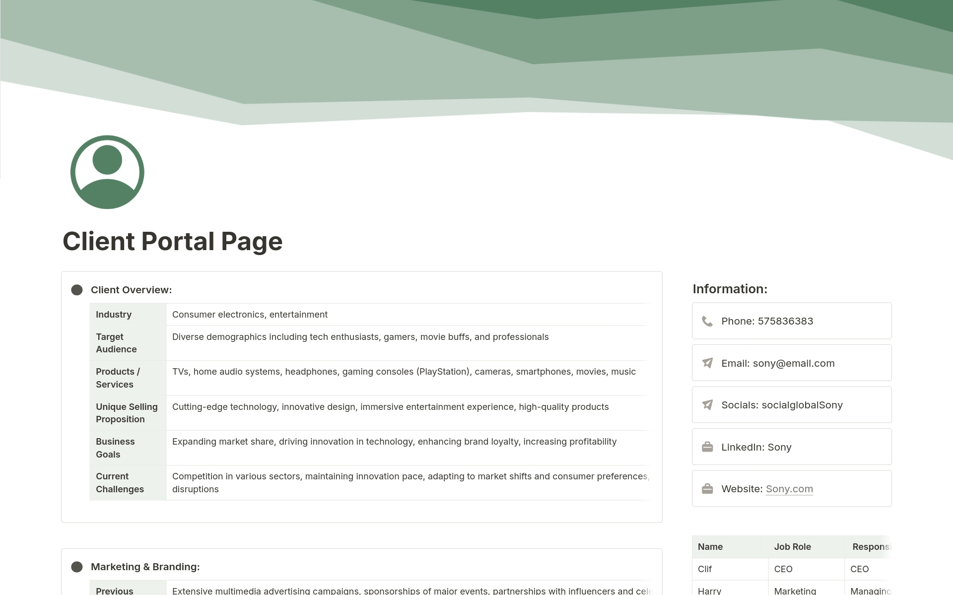 Vista previa de una plantilla para Client Portal