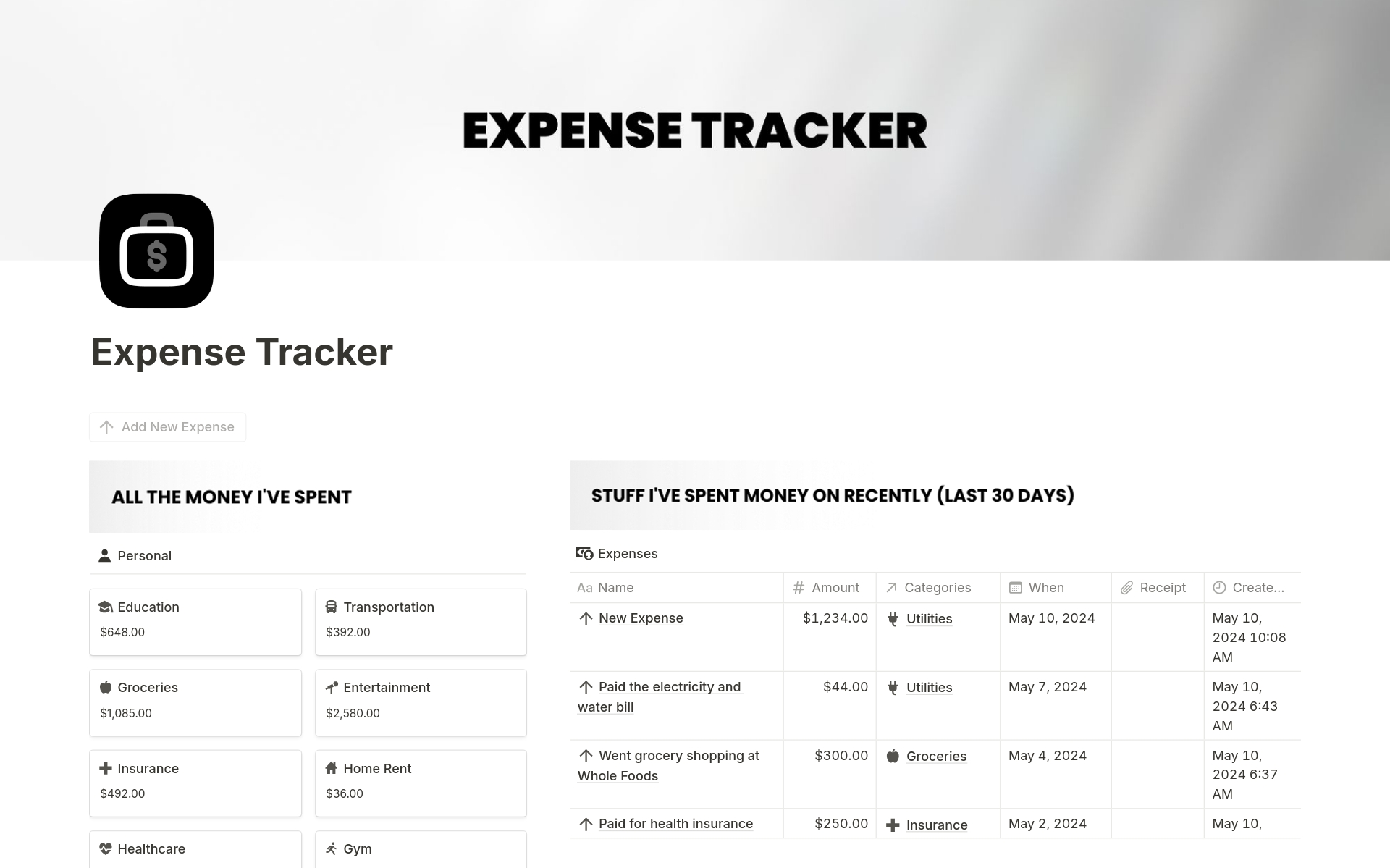 En forhåndsvisning av mal for Ultimate Expense Tracker