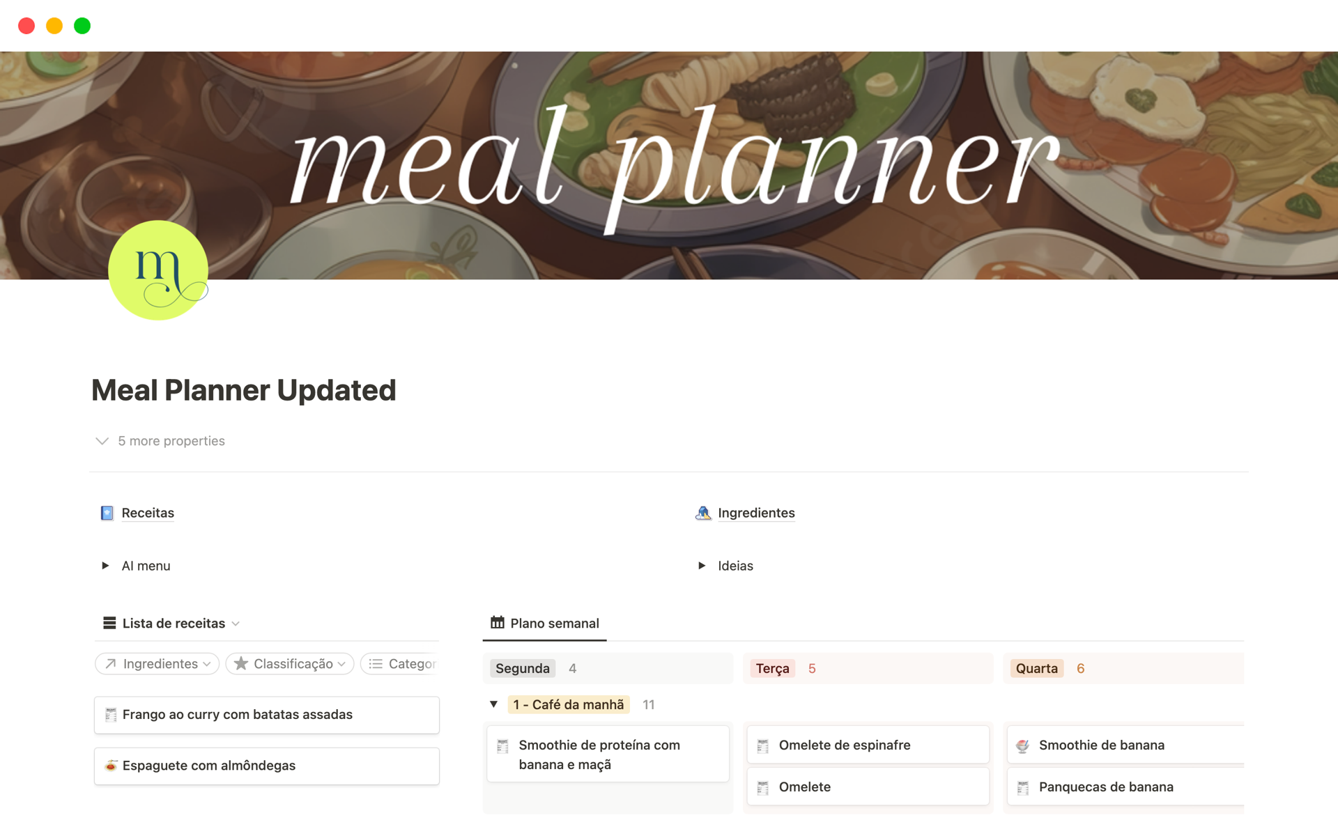 En forhåndsvisning av mal for Meal Planner Updated